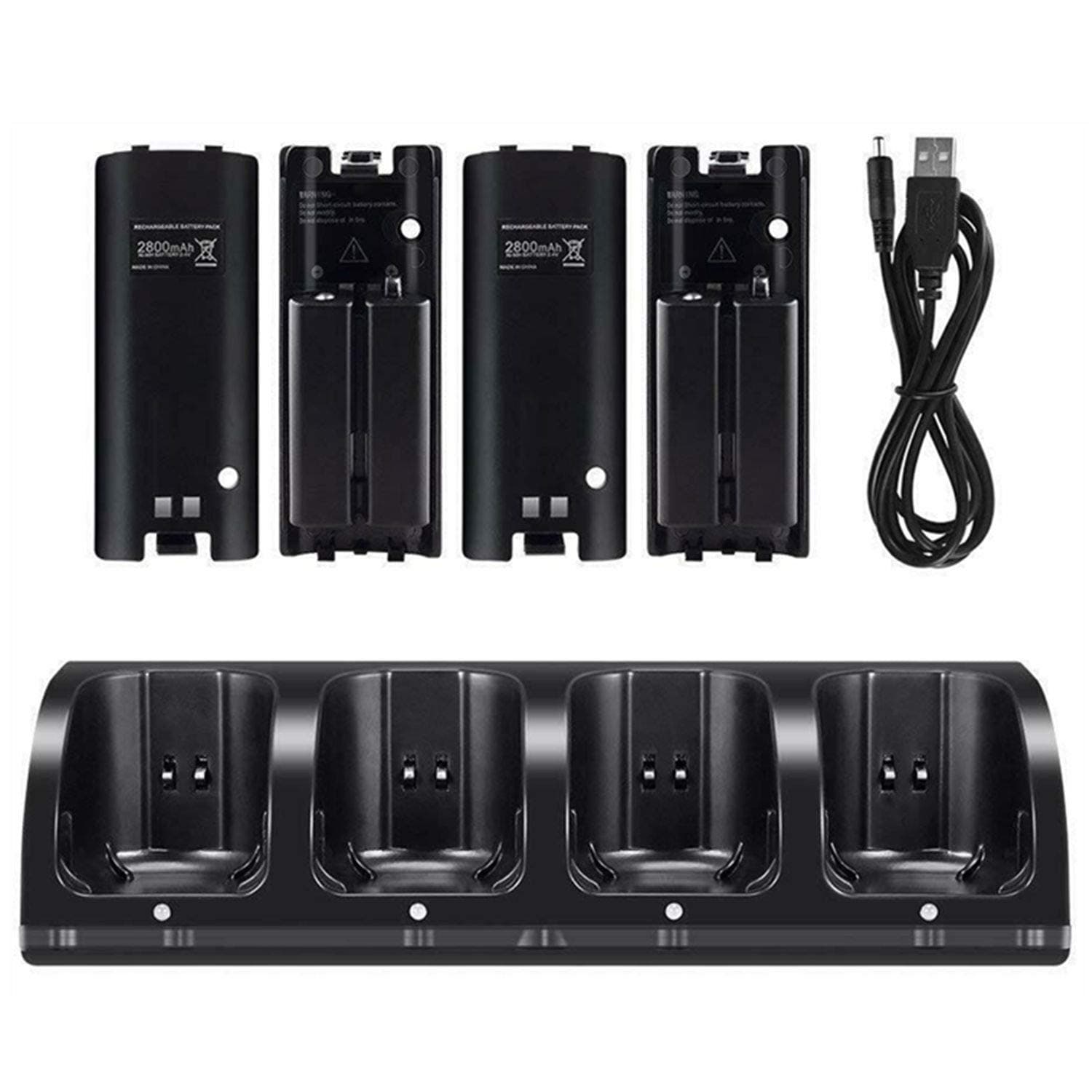 CICMOD Wii Remote Charger Station Controller Charging Docking Stand 4 Pack 2800mAh Rechargeable Batteries - Black
