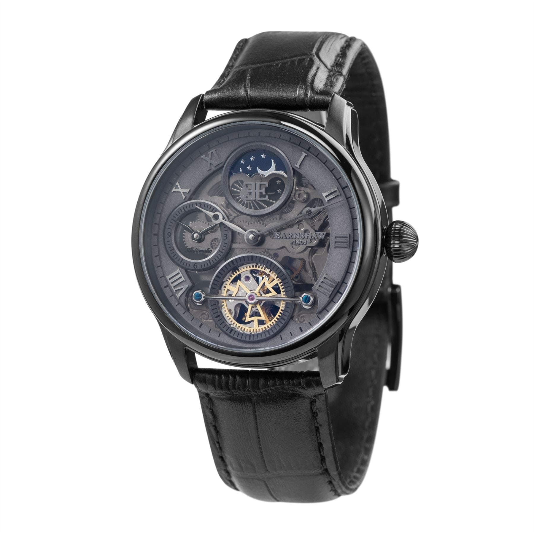 Mens 44mm Longitude Dual Time Automatic Skeleton Watch with Genuine Leather Strap ES-8063