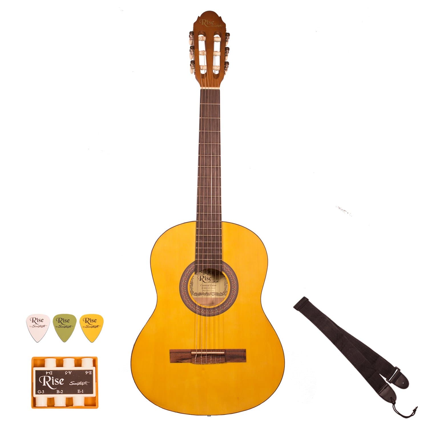 Rise by Sawtooth 6 String 3/4 Size Beginner's Acoustic Guitar with Accessories, Satin Gold Stain, Right Handed, (ST-RISE-CL-3/4-N)
