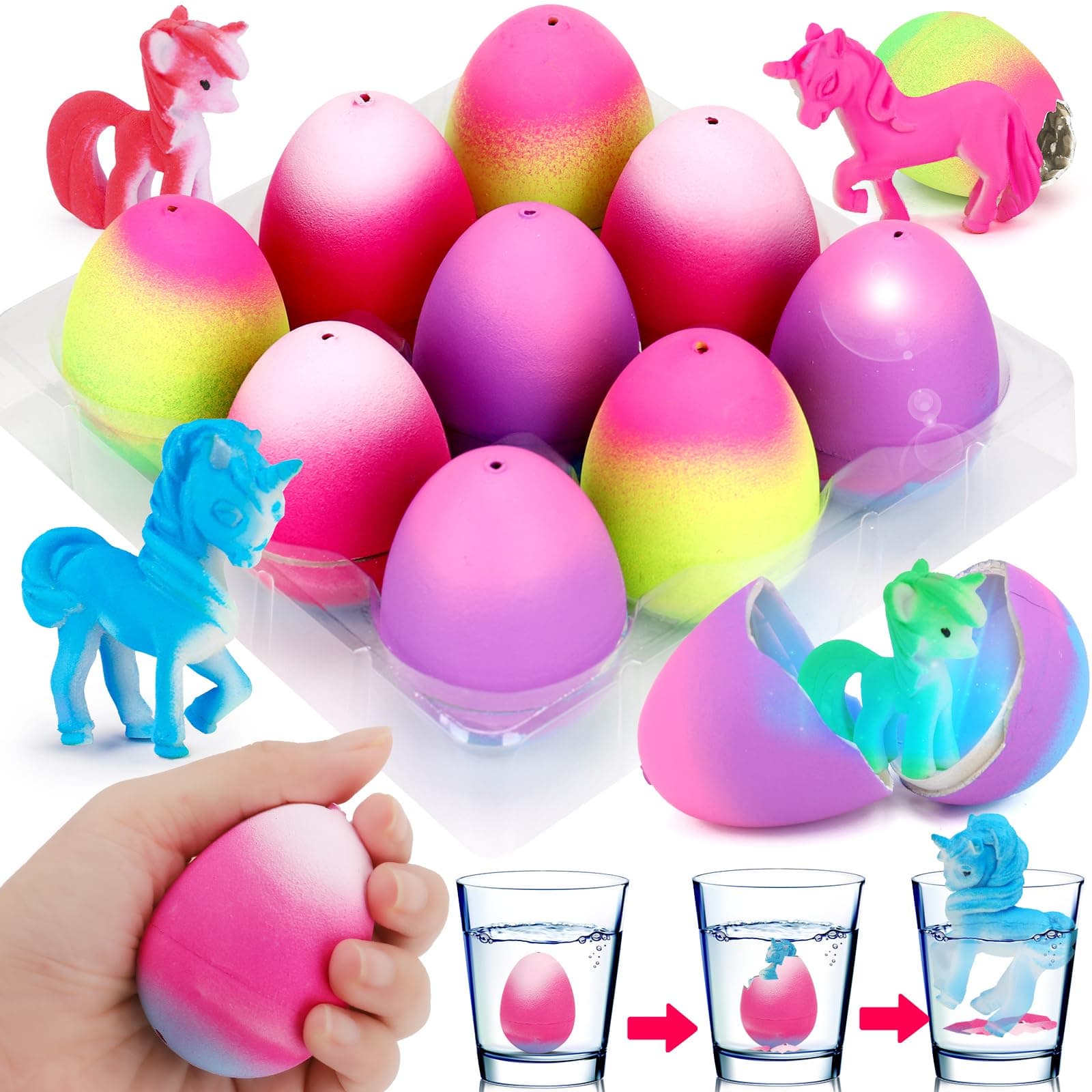 9 PCS Unicorn Hatching Eggs Easter Basket Stuffer Party Favors Treasure Box Toys Classroom Unicorn Toys Girl Gift Easter Egg Bulk Surprise Item for 4 5 6 7 8 Year Old Kid Prizes Goodie Bag Stuffer