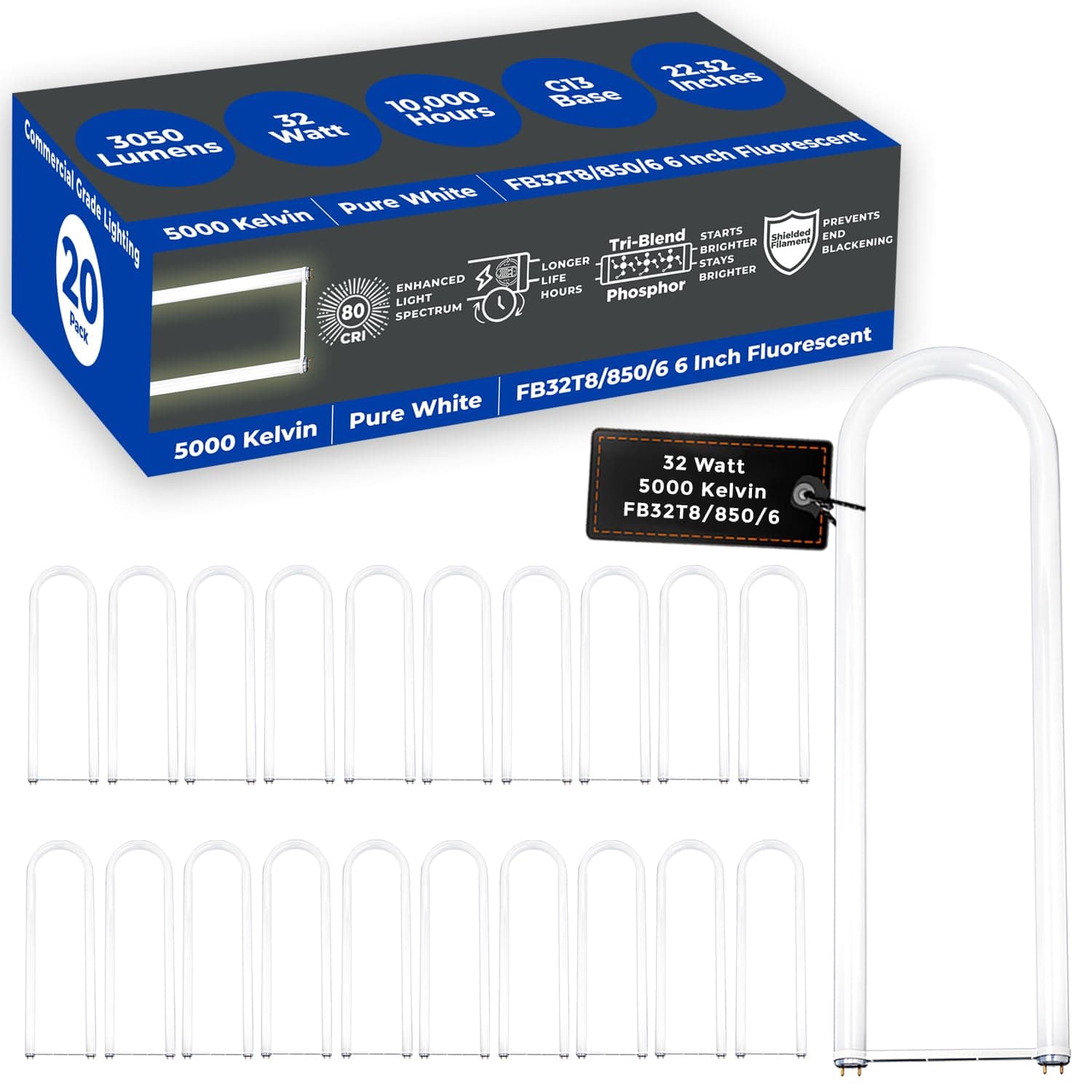 - 32 Watt 6 Inch T8 Fluorescent U-Bend Light Bulb 5000K Daylight Medium Bi-Pin Base High Output 3050 Lumens 32W 10000 Life Hours 80 CRI (Pack of 20)
