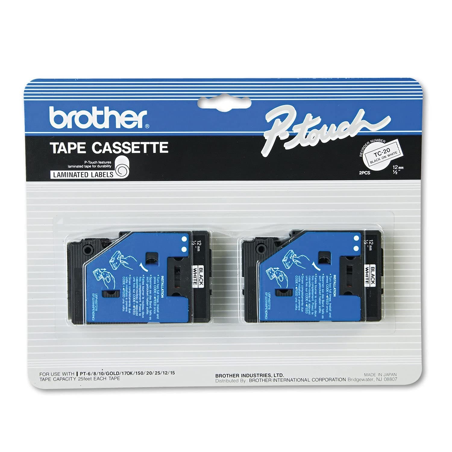 2/Pack 1/2" (12mm) Black on White TC Tape for Brother PT-20, PT20 Label Maker