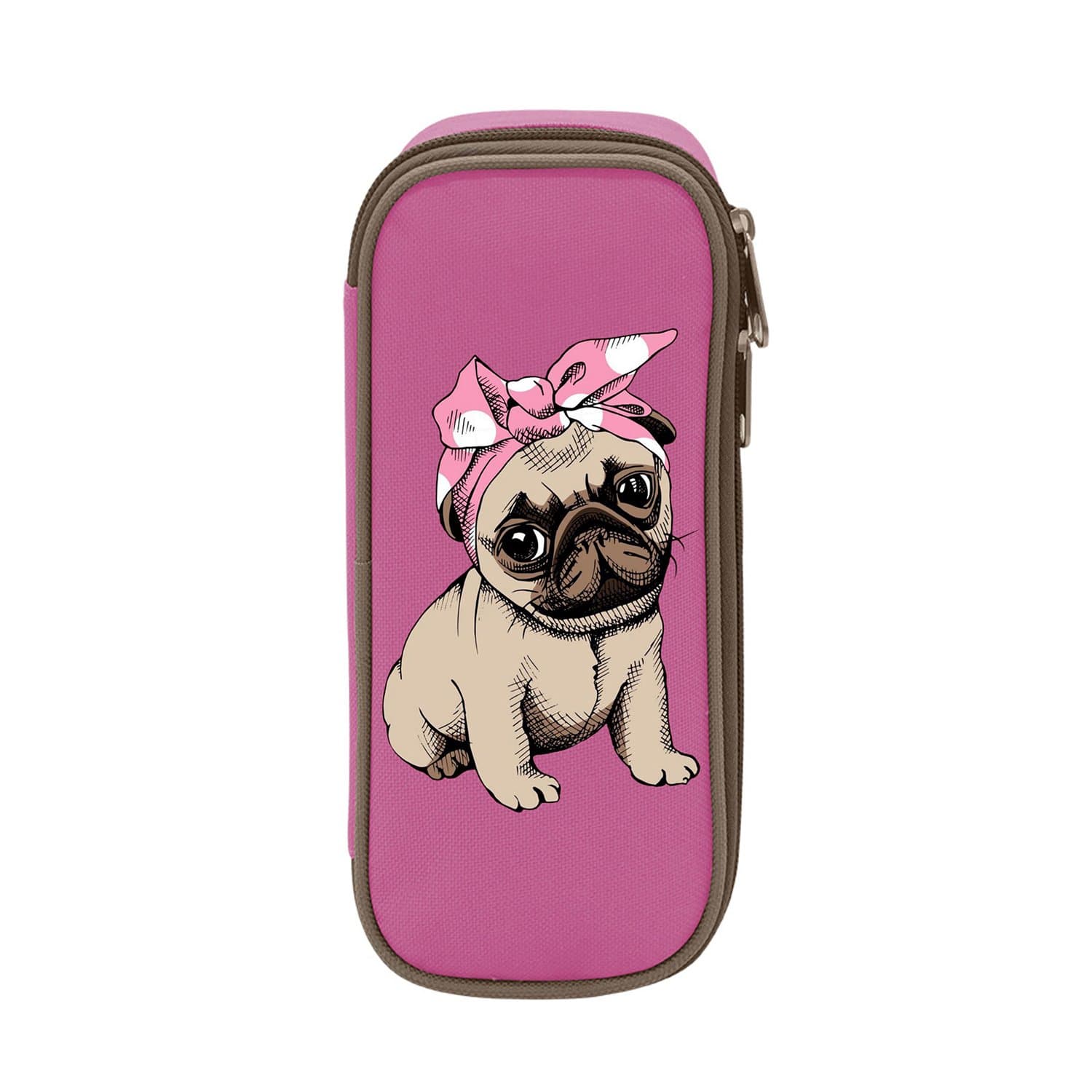 MOPE Pink Pug Pencil Case Double Zipper Large Storage Space Mulit-Function Stationary Portable Makeup Bag