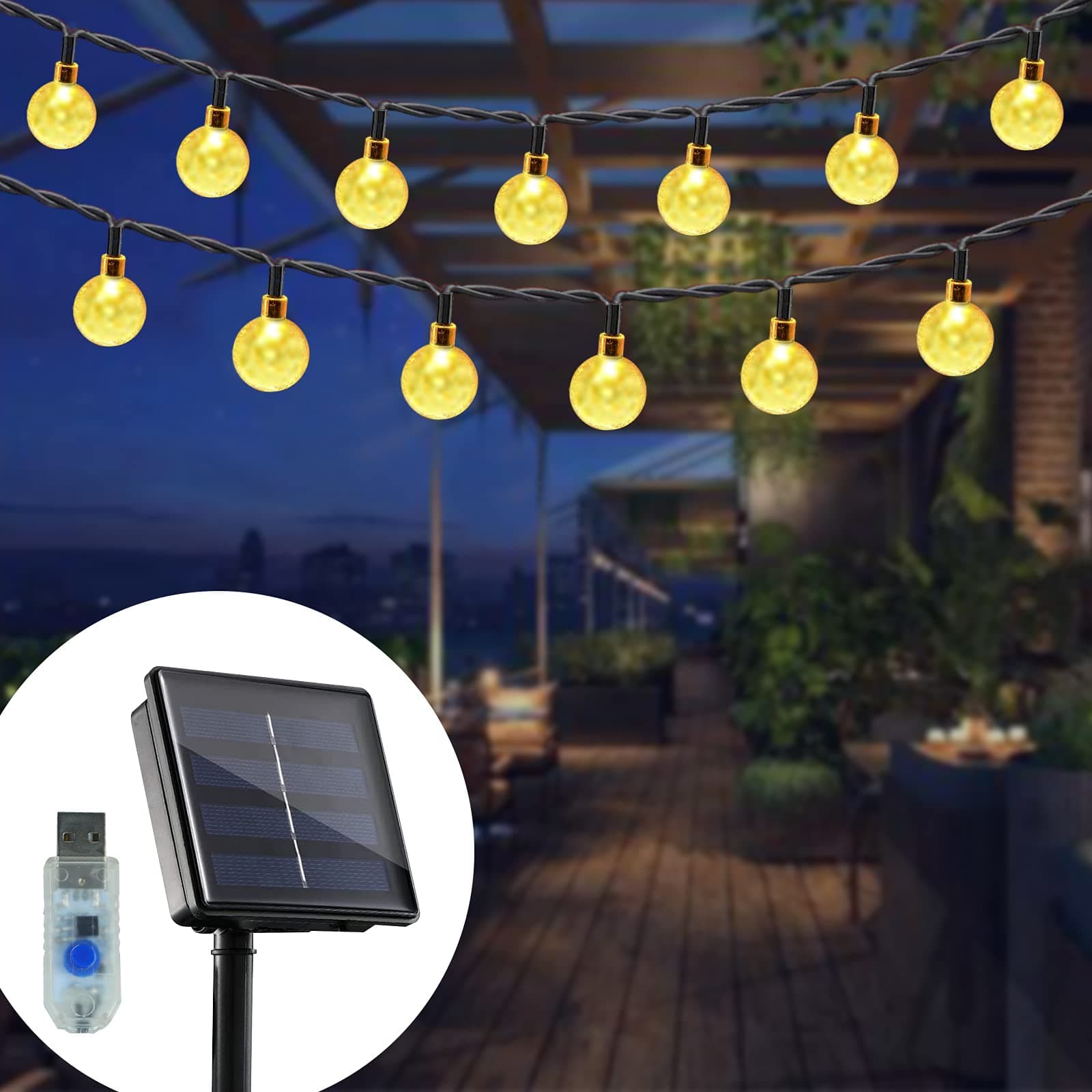 Solar String Lights Outdoor, 60 LED Garden Lights Solar/USB Powered Waterproof, Solar Fairy Lights Indoor/Outdoor, Crystal Ball Decorative Lights for Garden, Patio, Yard, Party,Wedding,Warm White 36ft