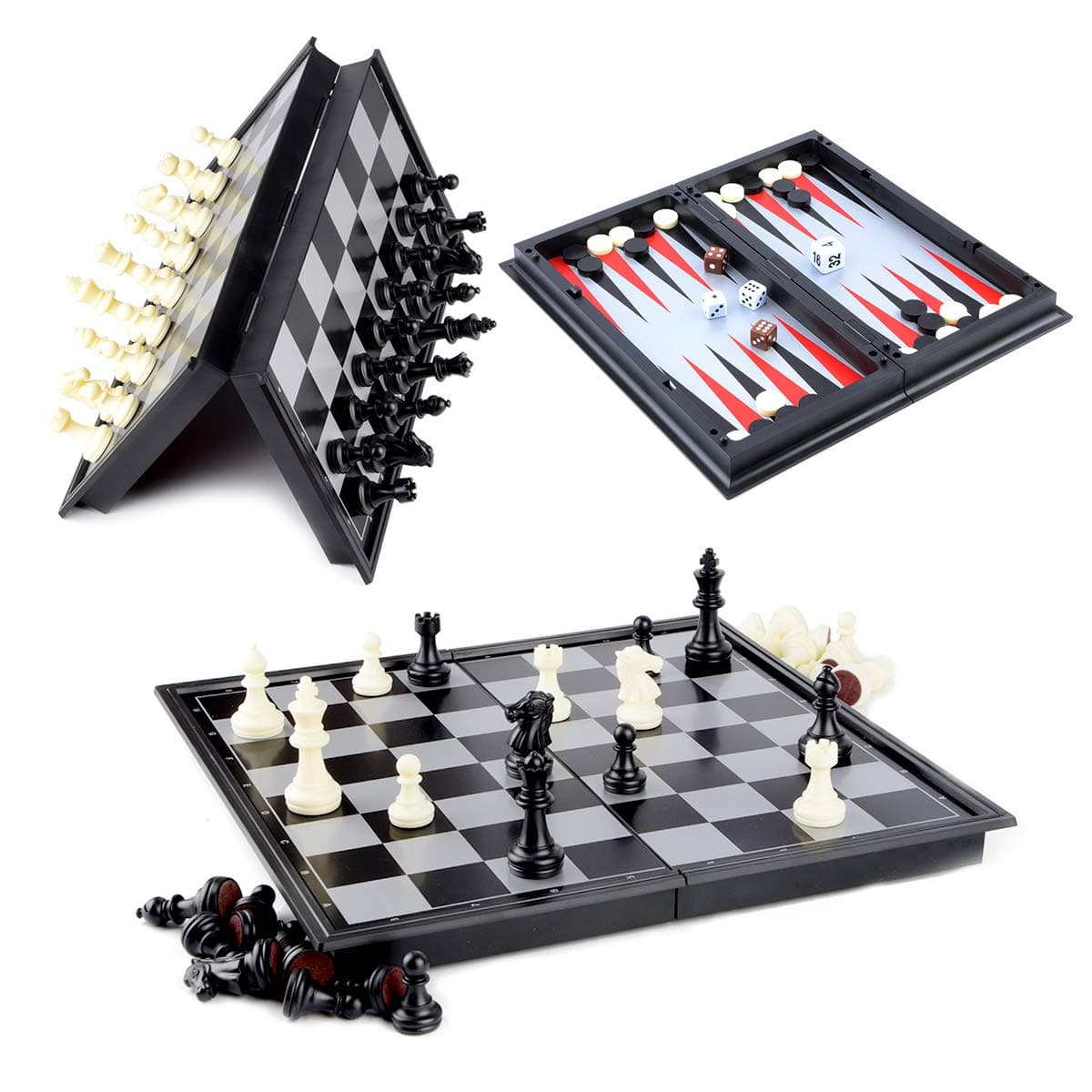 Chess/Checkers/Backgammon 3 in 1 Set, Hoshin Portable Folding Travel Magnetic Chess Board for Kids, 9.8 x 9.8 x 0.8 Inch