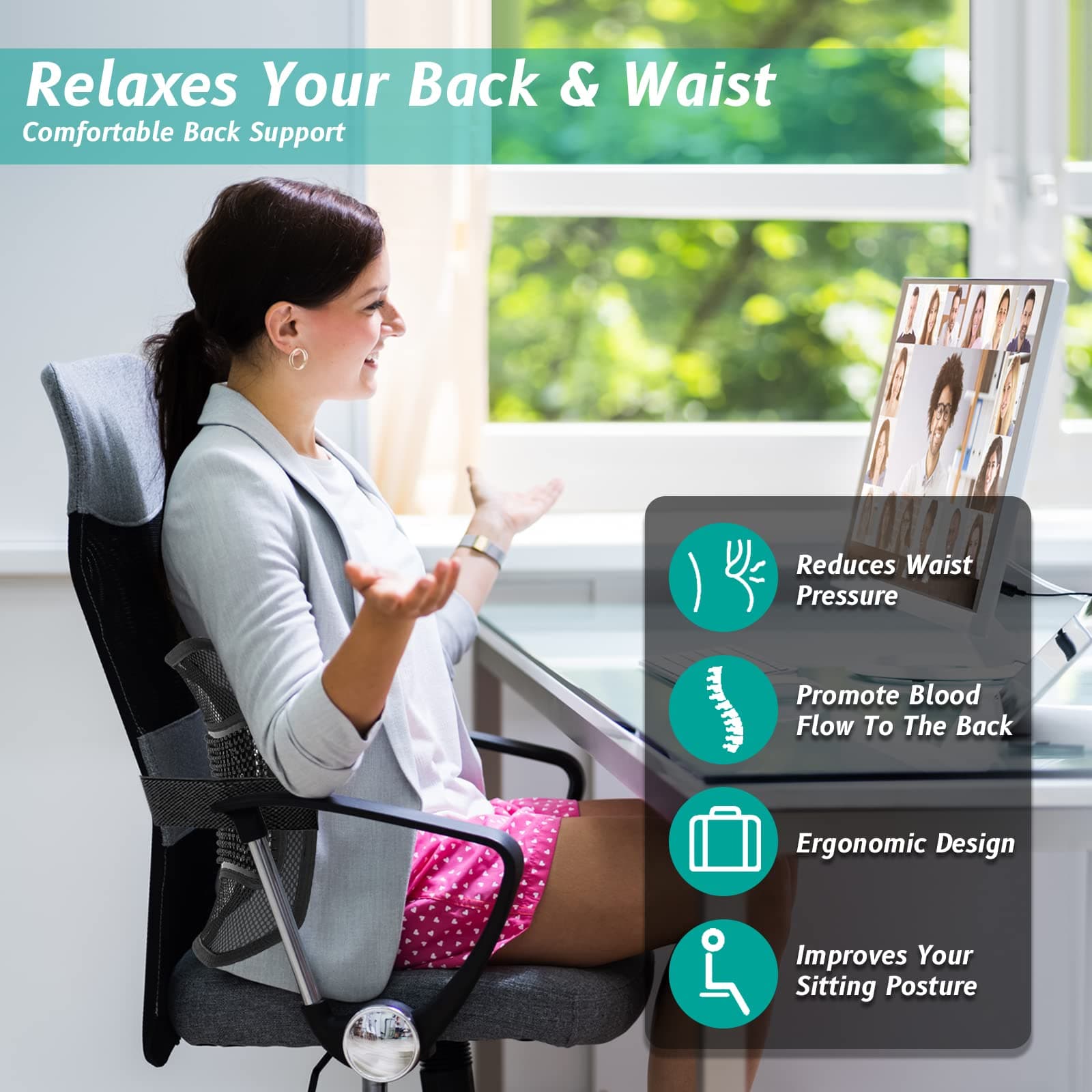 Mesh Back Support, support for office chair,Ergonomic Lumbar Cushion with Elastic Strap Massage Rest Chair Car Seat Home Travel, Relieve Pain, Black, 1 Pieces