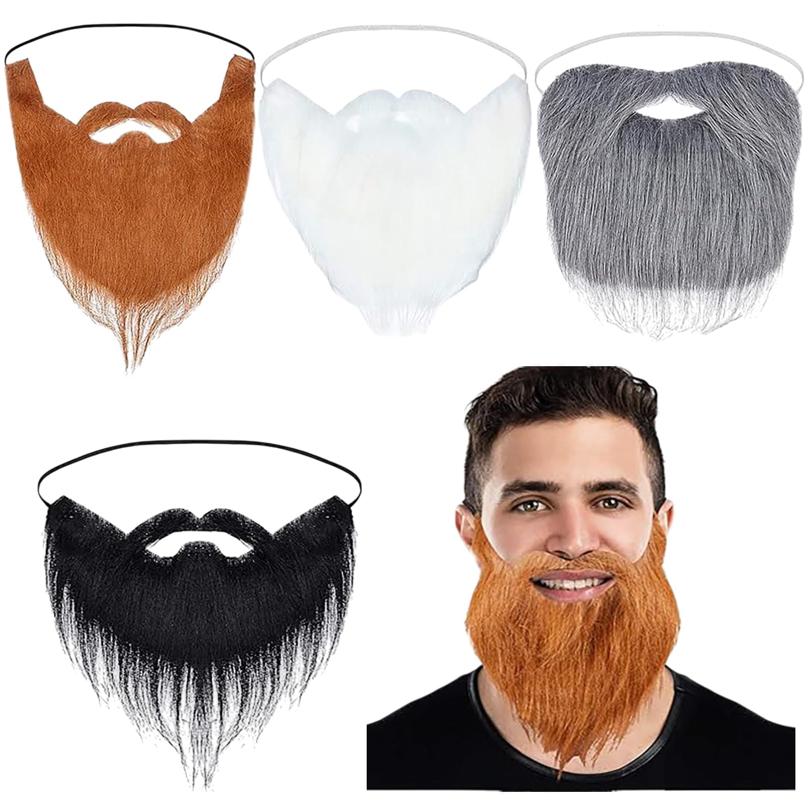 WILLBOND 4 Pieces Fake Beards False Beards Funny Fake Mustache Fake Whisker for Costume Halloween Party Supplies (Black, White, Brown, Grey)
