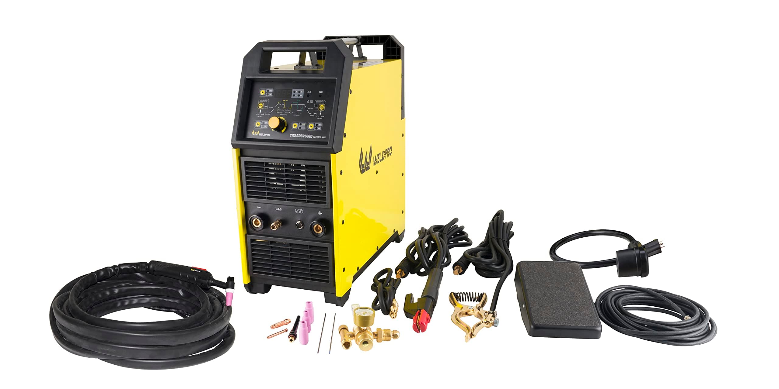 Weldpro Digital TIG ACDC 250GD AC DC 250 Amp Tig/Stick Welder with Pulse Memory function and Tig20 water cooled torch Dual Voltage welding machine