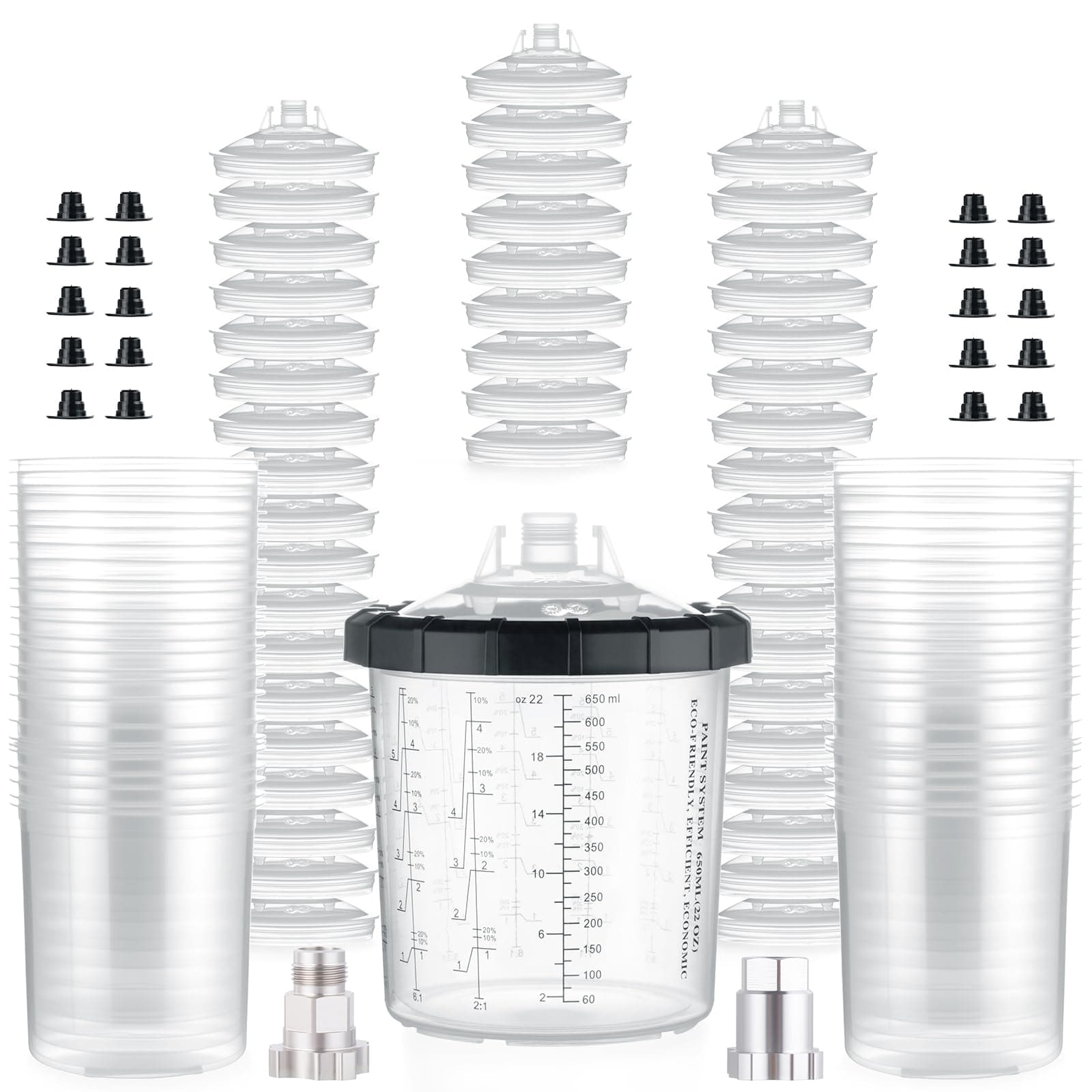 AEROPRO TOOLS Disposable Paint Cups Liners and Lid System, 50 Pack 22 Ounce (650ml) Kit for Spray Gun - 50 Liners, 50 Lids With Strainer, 1 Hard Cup With Retainer Ring, 20 Plugs, 2 Adapters