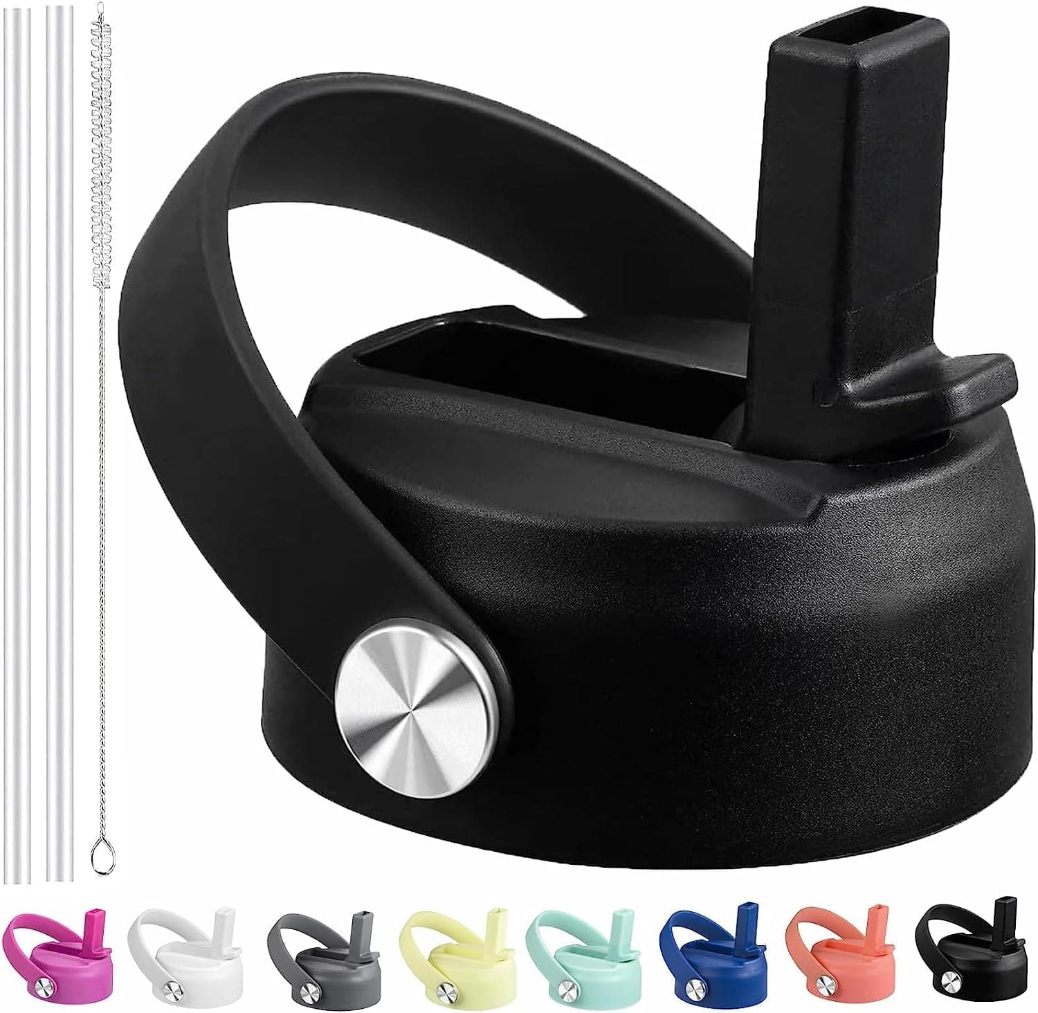 FLORAPELL Straw Lid for Hydroflask, Lids with Straw Compatible with Hydro Flask Wide Mouth 32 40 oz Water Bottle, Straw cap for Hydroflask Lid Replacement, Flip Top with Flex Handle (Black)