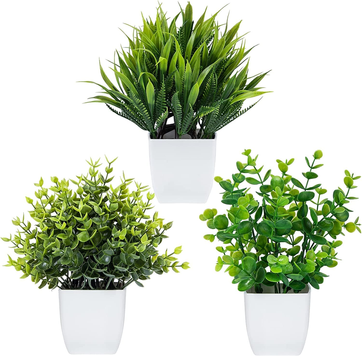 Artificial Potted Plants, Artificial Plastic Eucalyptus Plants Small Indoor Potted Houseplants, Small Faux Plants for Home Decor Bathroom Office Farmhouse (Set 0F 3)