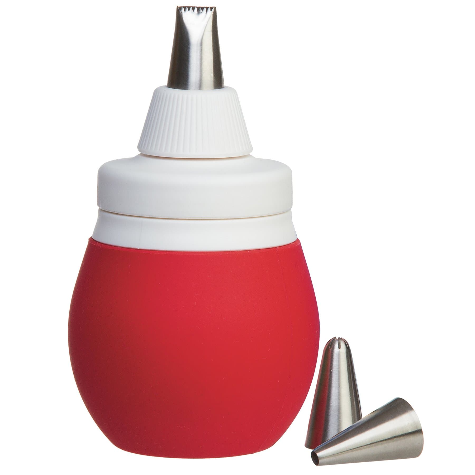 PrepWorks 4-Piece Frosting Bulb Decorating Kit with 3 Piping Tips – Red, for Cakes, Cupcakes, and Pastries