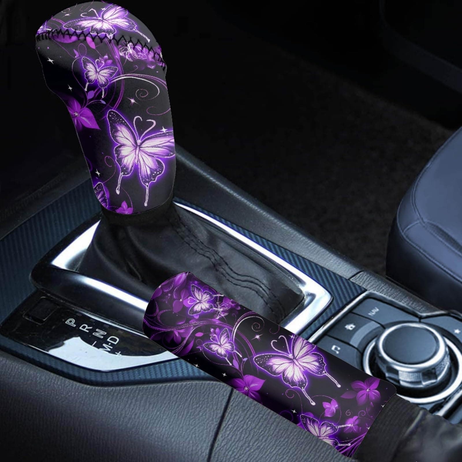 KEIAHUAN Purple Butterfly Gear Shift Knobs &Handbrake Cover Set of 2 Pieces for Women Girls Auto Accessories Case Sleeve Universal for SUV Van Truck Sedan Hand Break Protect