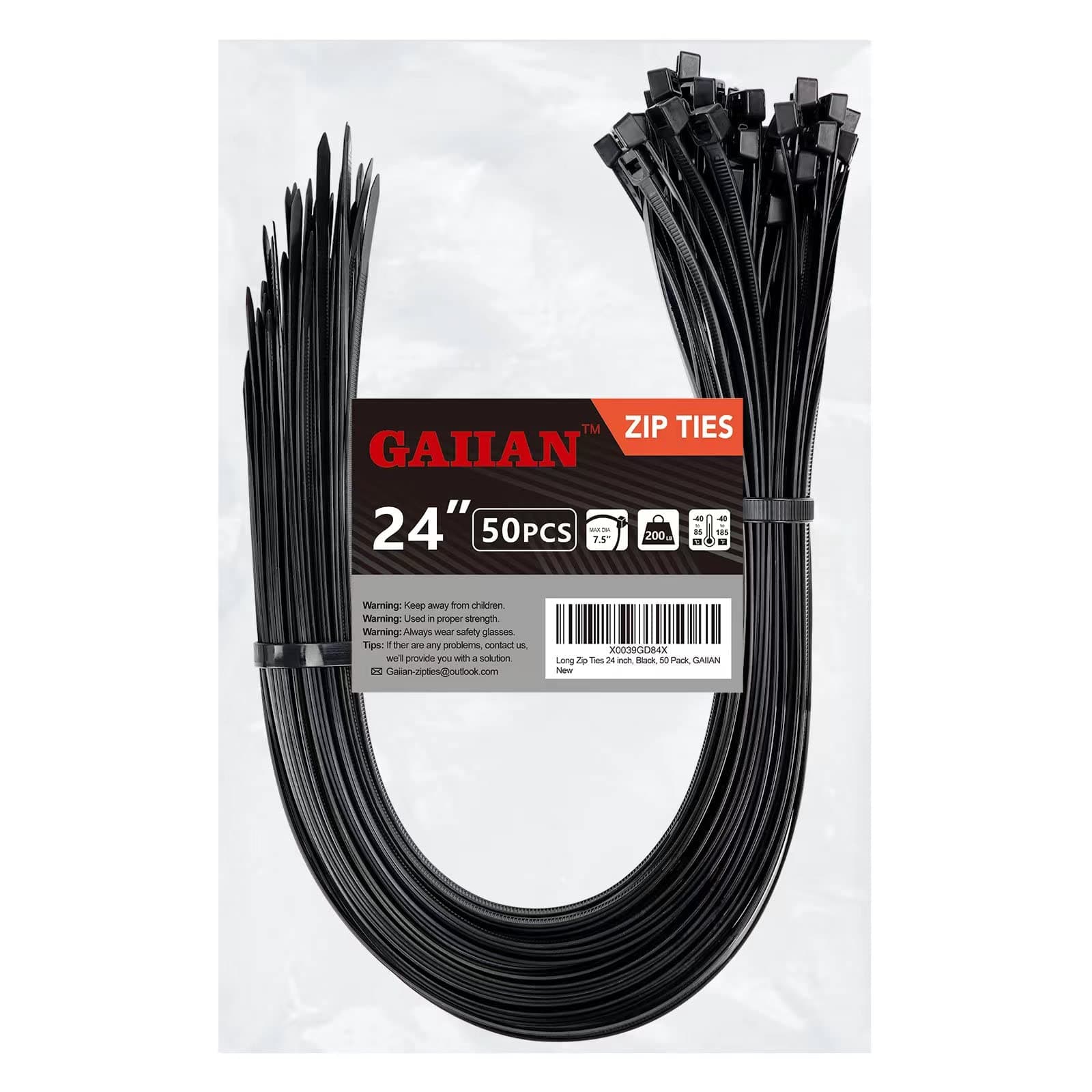 - Long Zip Ties Heavy Duty 24 inch, Large Zip Ties with 200 lbs Tensile Strength, Big Cable Ties, Black, 50 Pack, by GAIIAN
