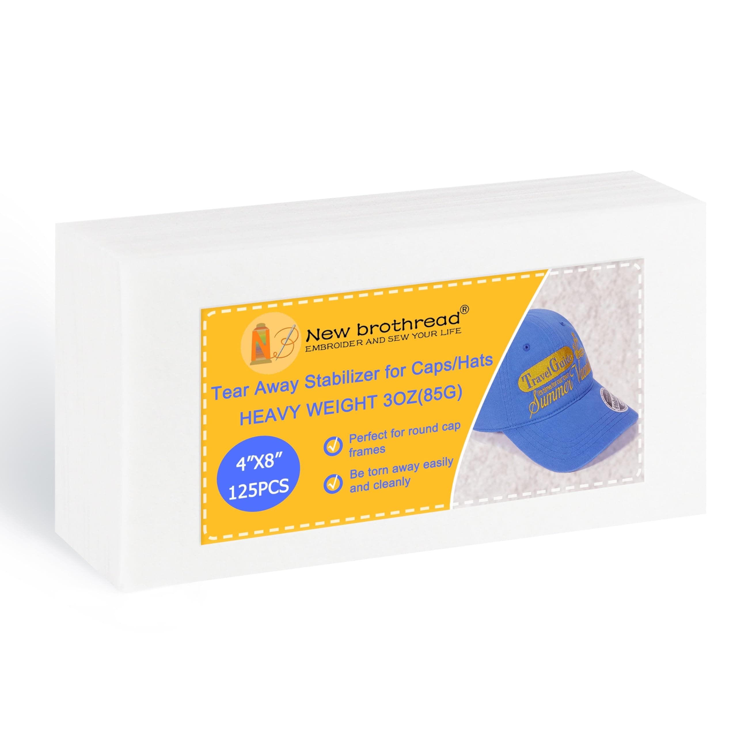 New brothread Tearaway Embroidery Stabilizer Backing for Caps and Hats - 4" x 8" 125 Precut Sheets - Heavy Weight 3oz