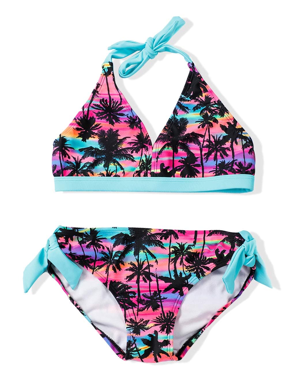LEINASEN Hawaii Style Coconut Tree Printed Halter Strap Two Piece Bikini Set for Girls