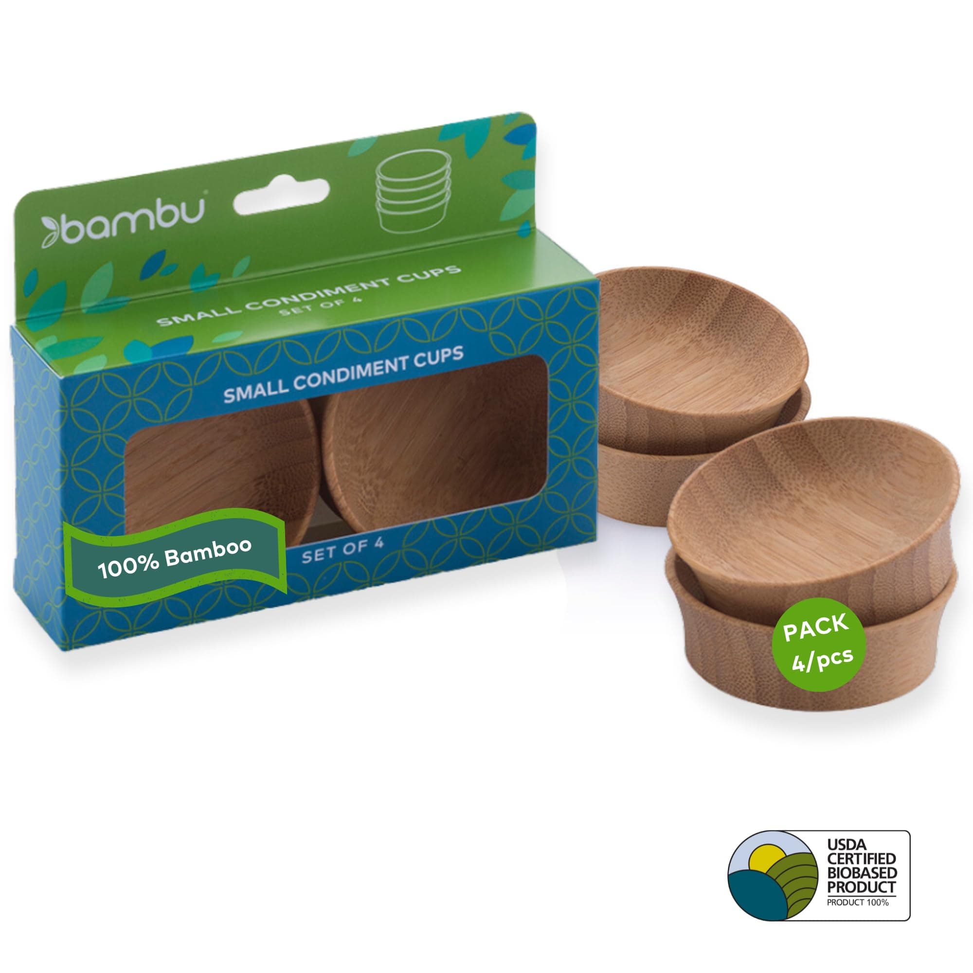 Bambu Pack of 4 - Small Reusable Bamboo Condiment Cups, Natural Wood and Food-Safe Finish, Eco Friendly Dish Alternative, Compostable Cups