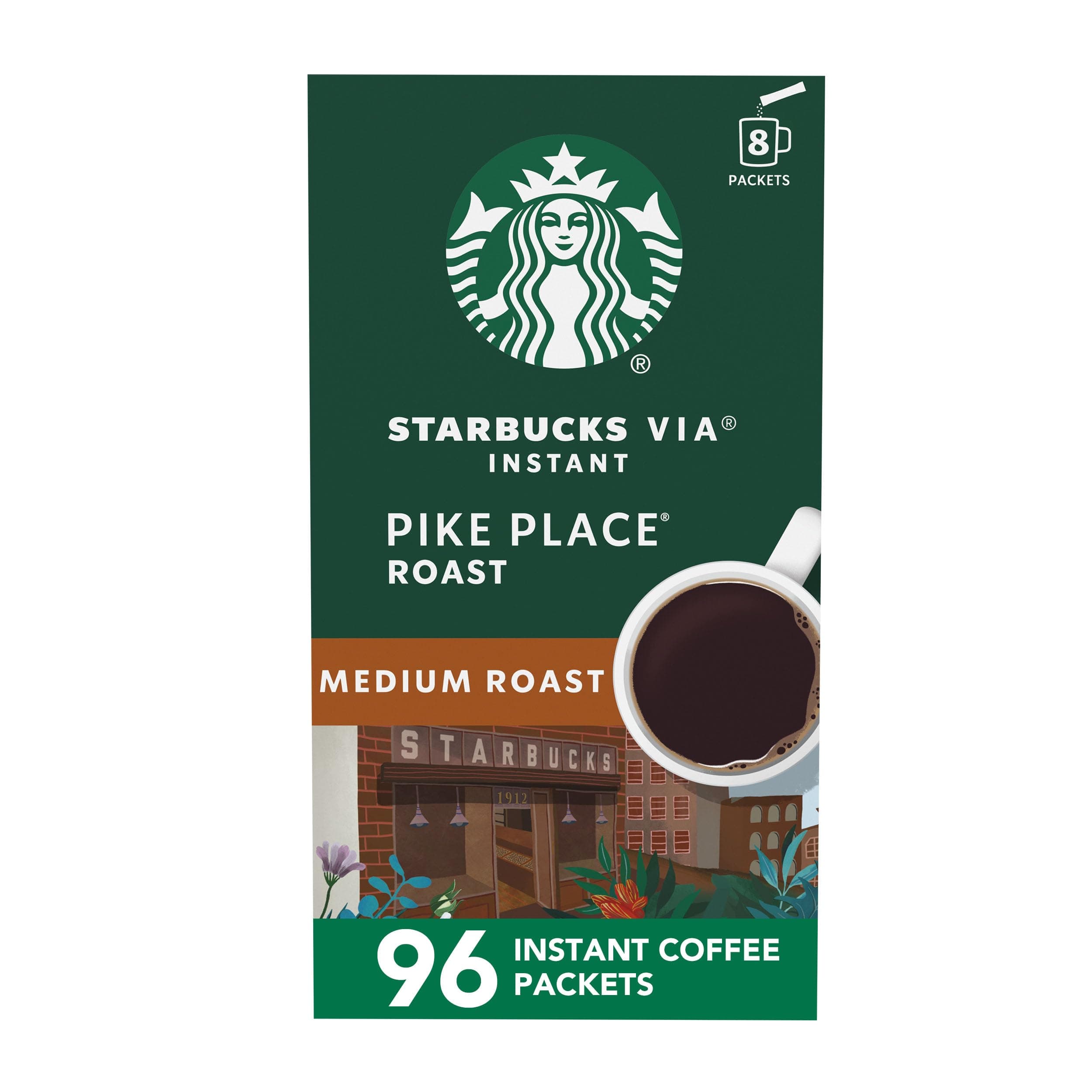 VIA Instant Coffee Packets, Single Serve, Medium Roast Coffee, Pike Place Roast, 96 Packets 