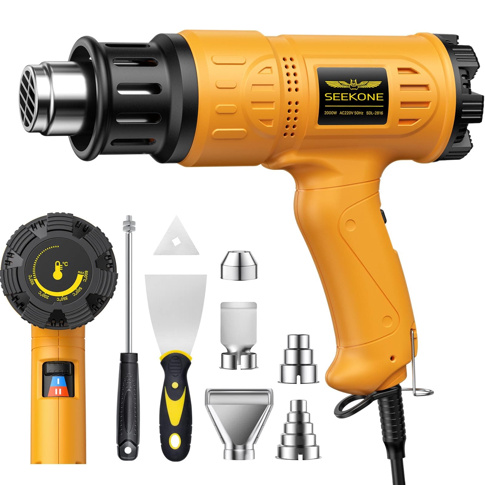 2000W Professional Hot Air Gun 50℃- 600℃ Variable Temperature Control with 2-Temp Settings, Overload Protection, Double Heating Wire Fast Heating, 7 Accessories for Shrinking PVC