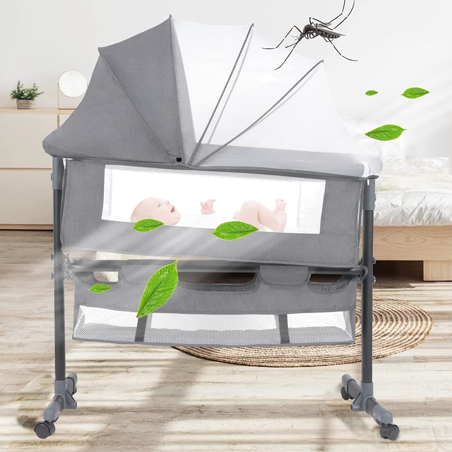 MOLOR Bedside Bassinet for Baby, Bedside Sleeper with Wheels, Heigt Adjustable, with Mosquito Nets, Large Storage Bag, for Infant/Baby/Newborn - 2023