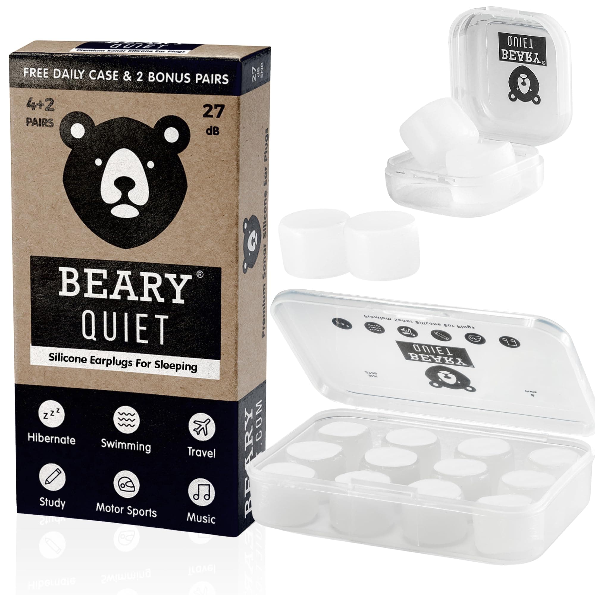 Beary Quiet Ear Plugs for Sleeping, 27dB Noice Cancelling, Reusebale, Comfortable and Customisable Earplugs for Sleep, Travel, Studying, Swimming, Moldable Waterproof Silicon Wax Plug