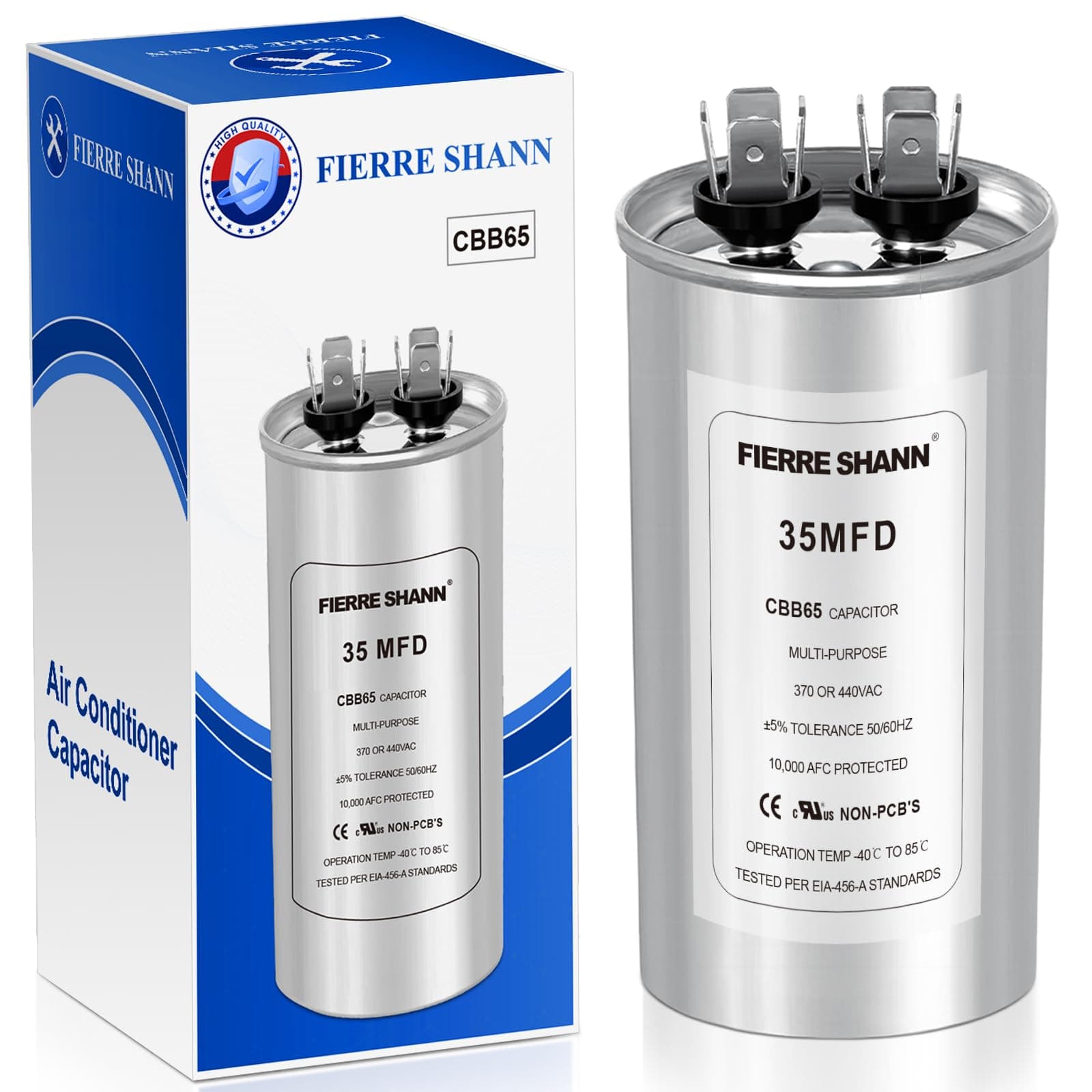 35 uF/MFD Capacitor for AC, 370 or 440 VAC CBB65 Dual Run Round Capacitors for AC Motor Run, Fan Start, Condenser Straight Cool, Heat Pump, Air Conditioner, and Pool Pump