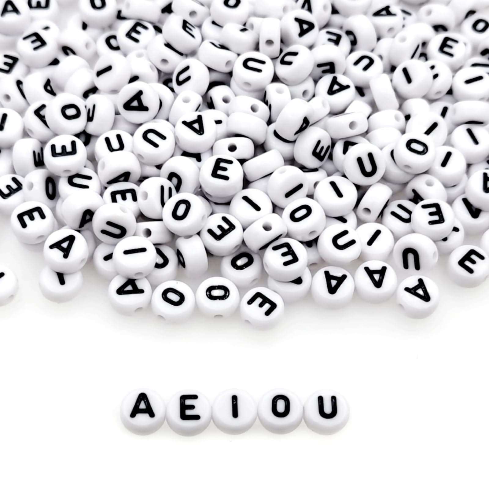 Amaney 300 Pieces 7×4mm White Cube Acrylic Black Alphabet Vowel Letter Beads A E I O U Each 60 Pieces for Jewelry Making Bracelets Necklaces Key Chains and Kids Jewelry