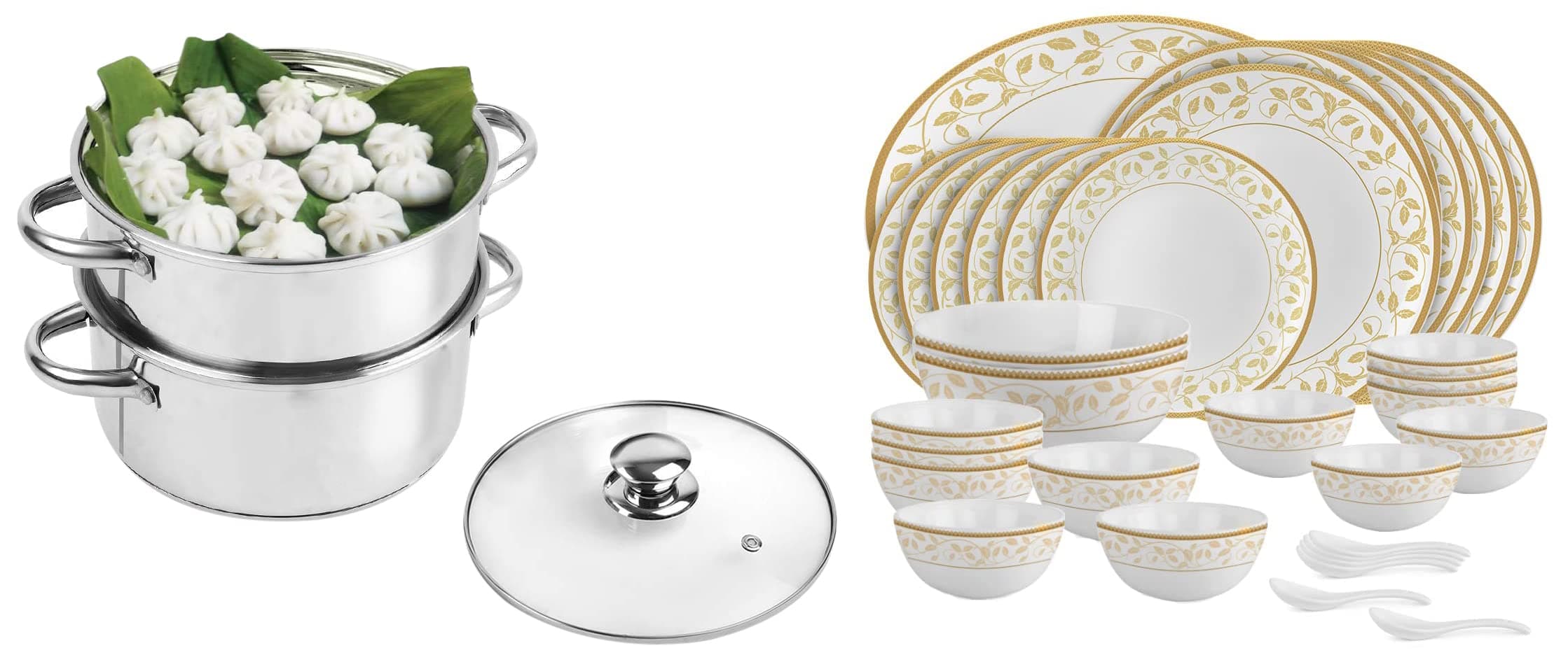 Cello Royal Amber Gold Opalware Dinner Set, 33 Pieces & Cello Steelox Induction Compatible Stainless Steel Multi Purpose Steamer/Modak Maker with Glass Lid, 18Cm