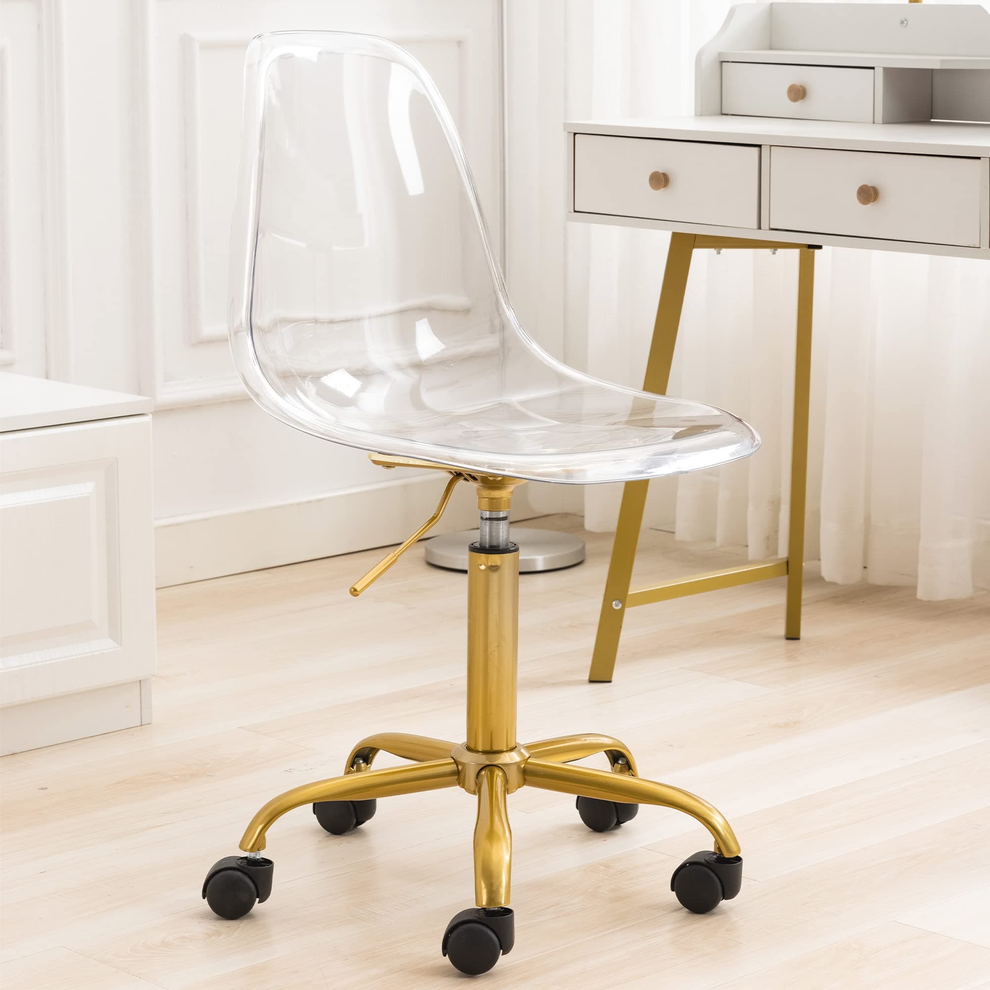 Acrylic Clear Desk Chair, Modern Small Rolling Cute Armless Vanity Plastic Chair Home Office Lucite Ghost Chairs with Wheels and Adjustable Height, Clear