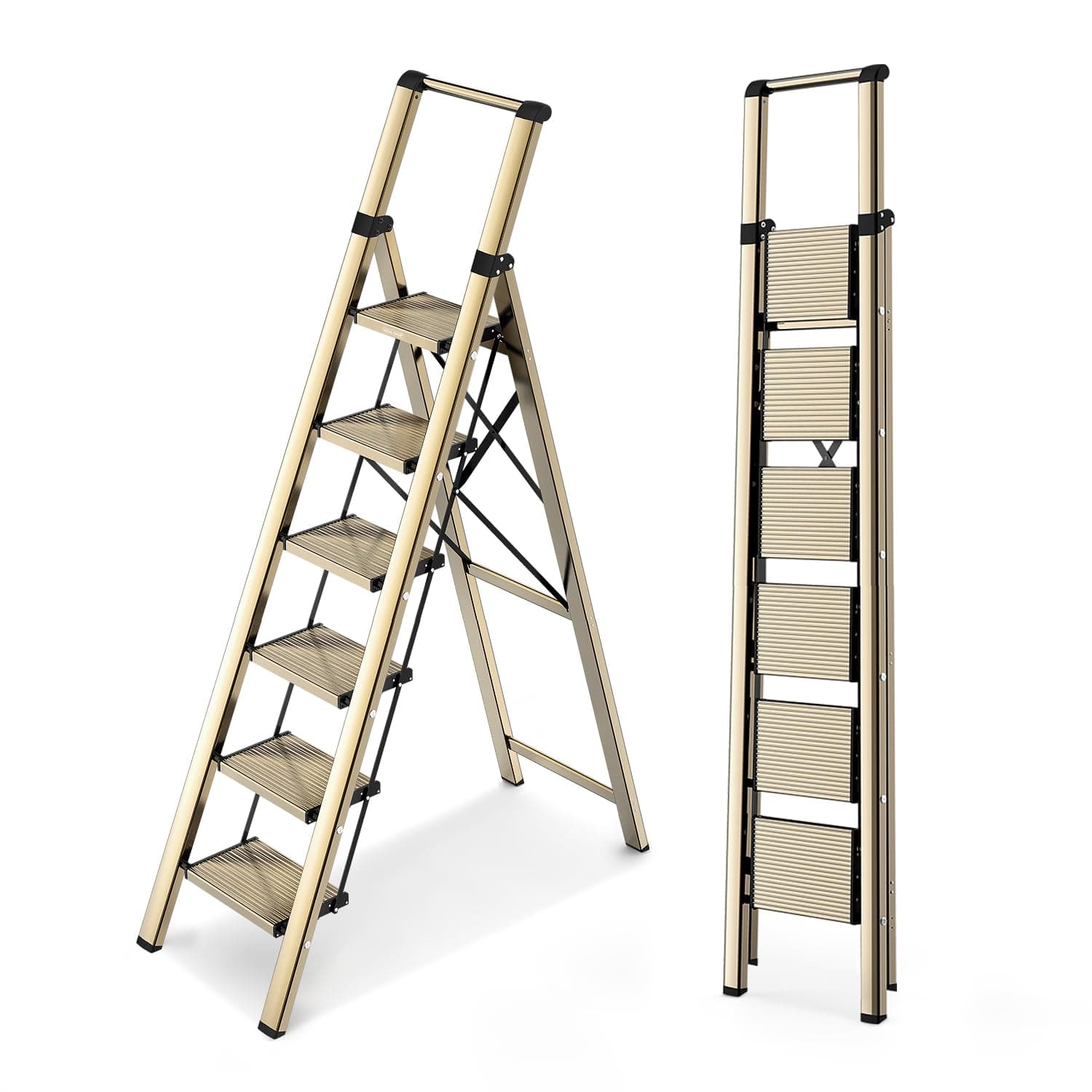 WOA WOA 6 Step Ladder, Lightweight Folding Ladder with Non-Slip Wide Pedals, Ladder with Safe Grip Handle, Easy to Open and Close, Suitable for Home and Outdoor - Brown Gold