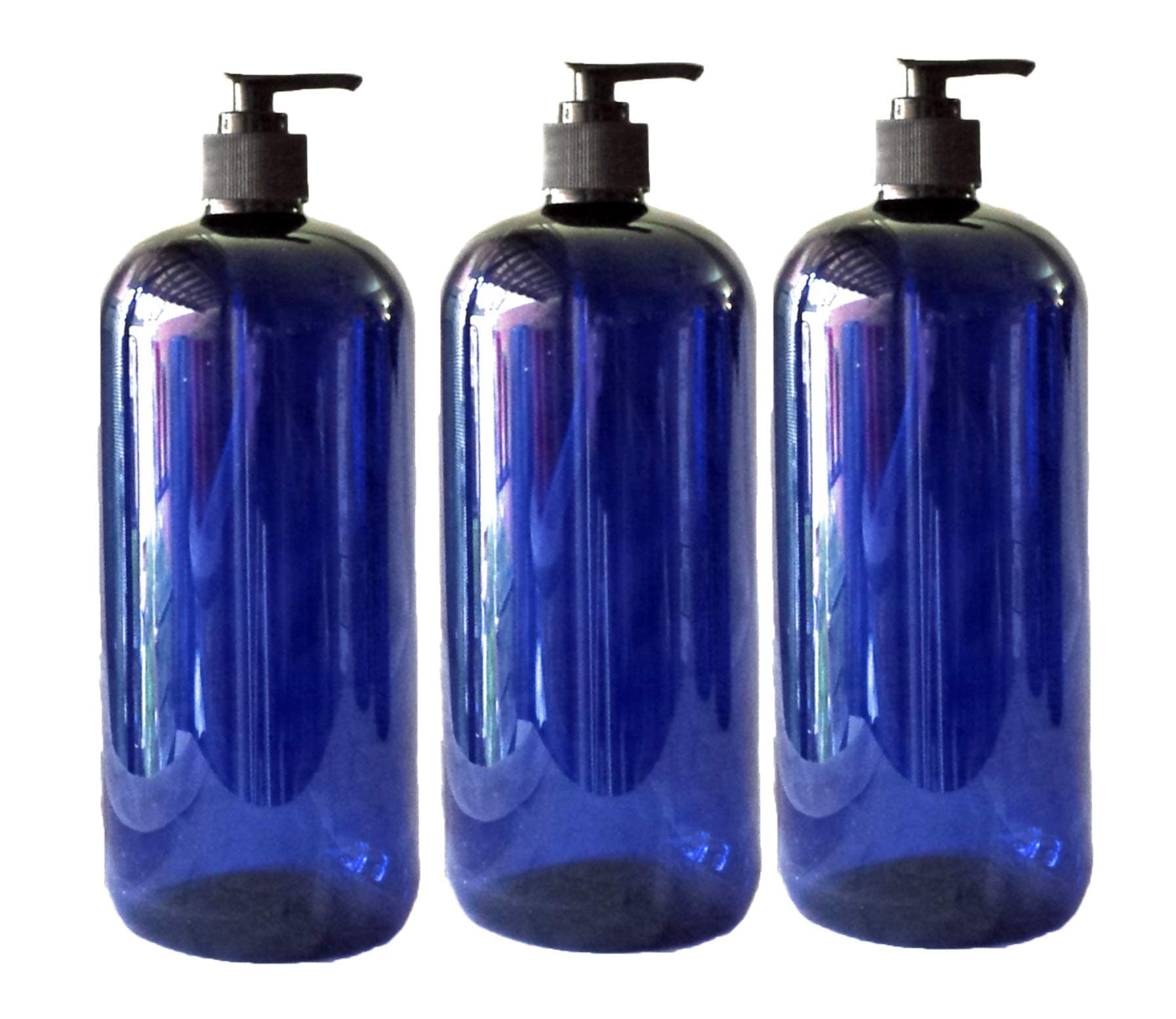 32 oz Blue Plastic PET Plastic Bottle with Black Hand Lotion Pump or Trigger Spray and Kraft Labels 3/pk