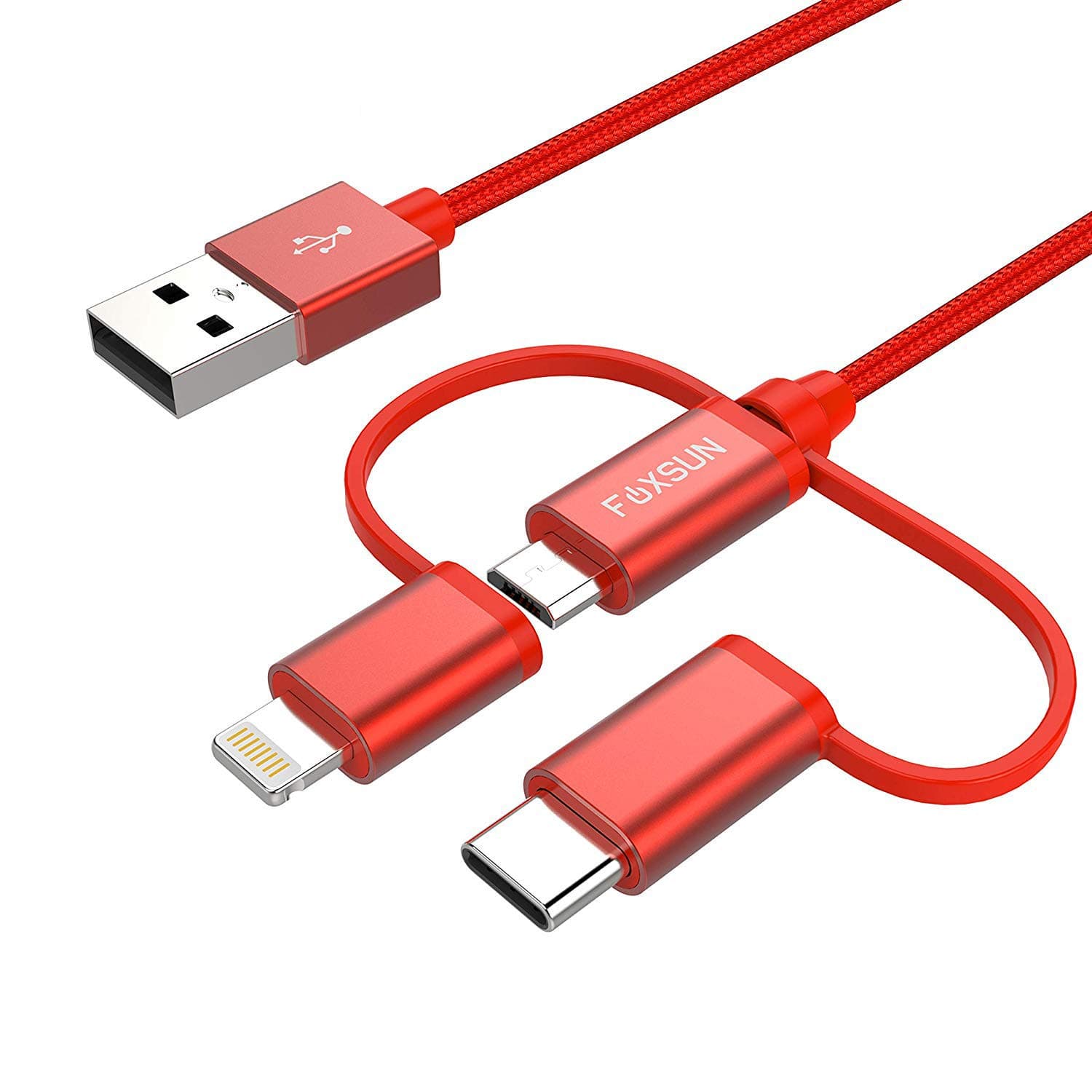 Multi Charging Cable MFi Certified Nylon Braided, Foxsun 3.3 ft/1m 3 in 1 USB Charger Cord Compatible with iPhone/iPad/Samsung/Android Devices (Red)