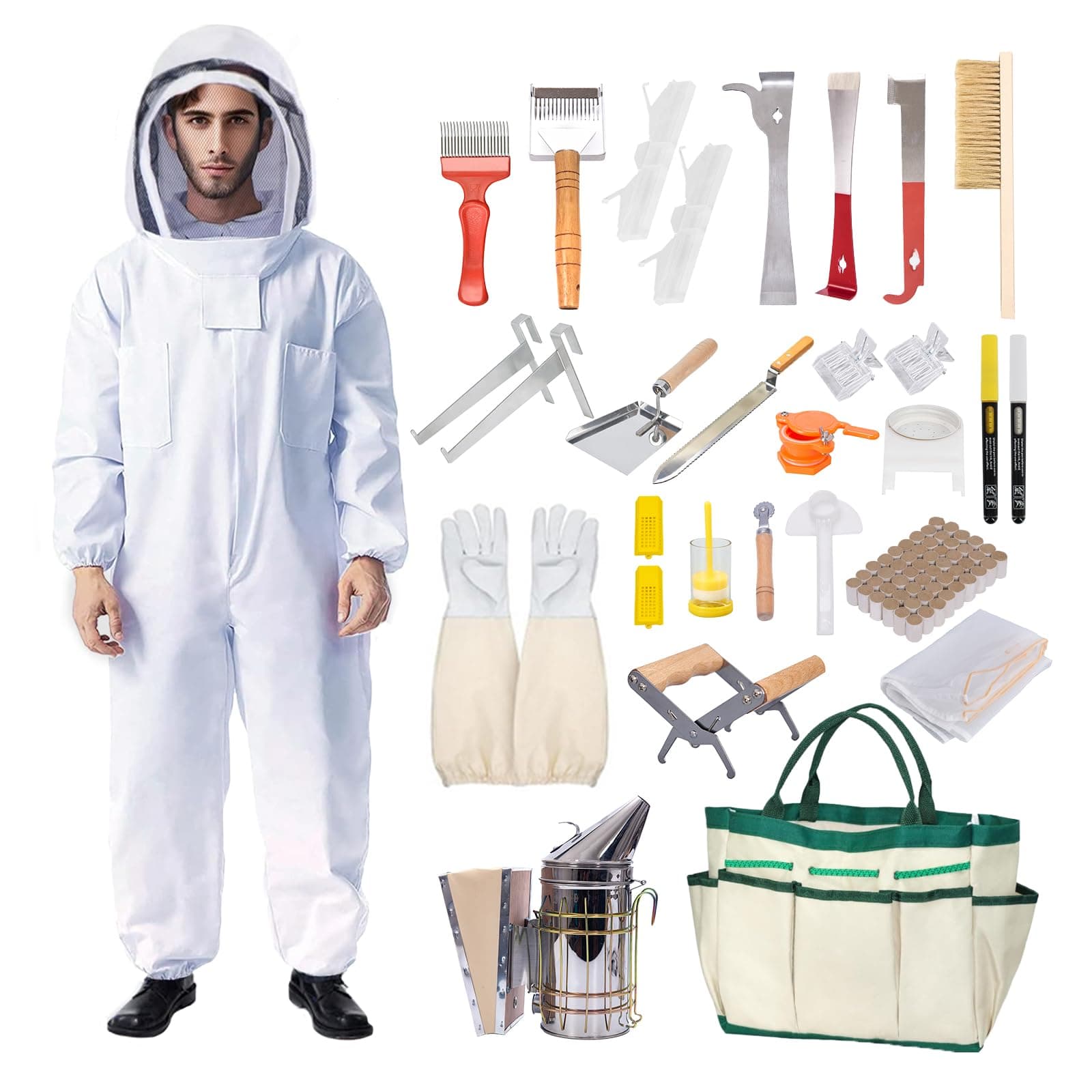 Honey Lake 31Pcs Beekeeping Supplies Starter Kit with Bee Suit – Includes Bee Smoker, Beehive Frame Holder, Frame Grip, Hive Tool, Bee Marking Pen & More Tools for Beginner Beekeepers (XL)