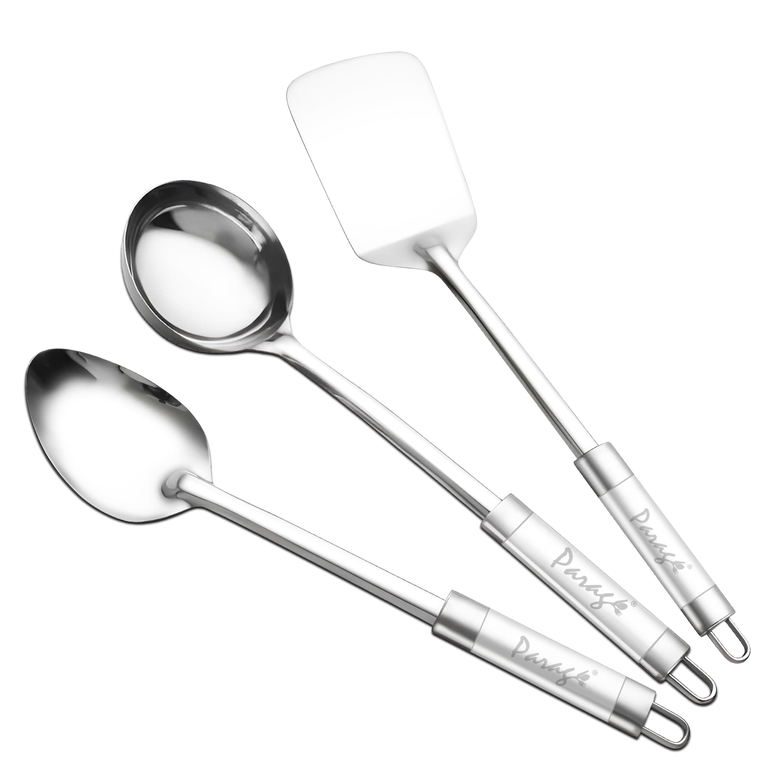 3 Pieces Stainless Steel Kitchen Tools for Home & Kitchen, Cooking & Serving, Basting Spoon (Chamcha), Ladle(Karchhi), Turner/Spatula (Palta), Dual Tone Handle Kitchen Gadgets, Silver