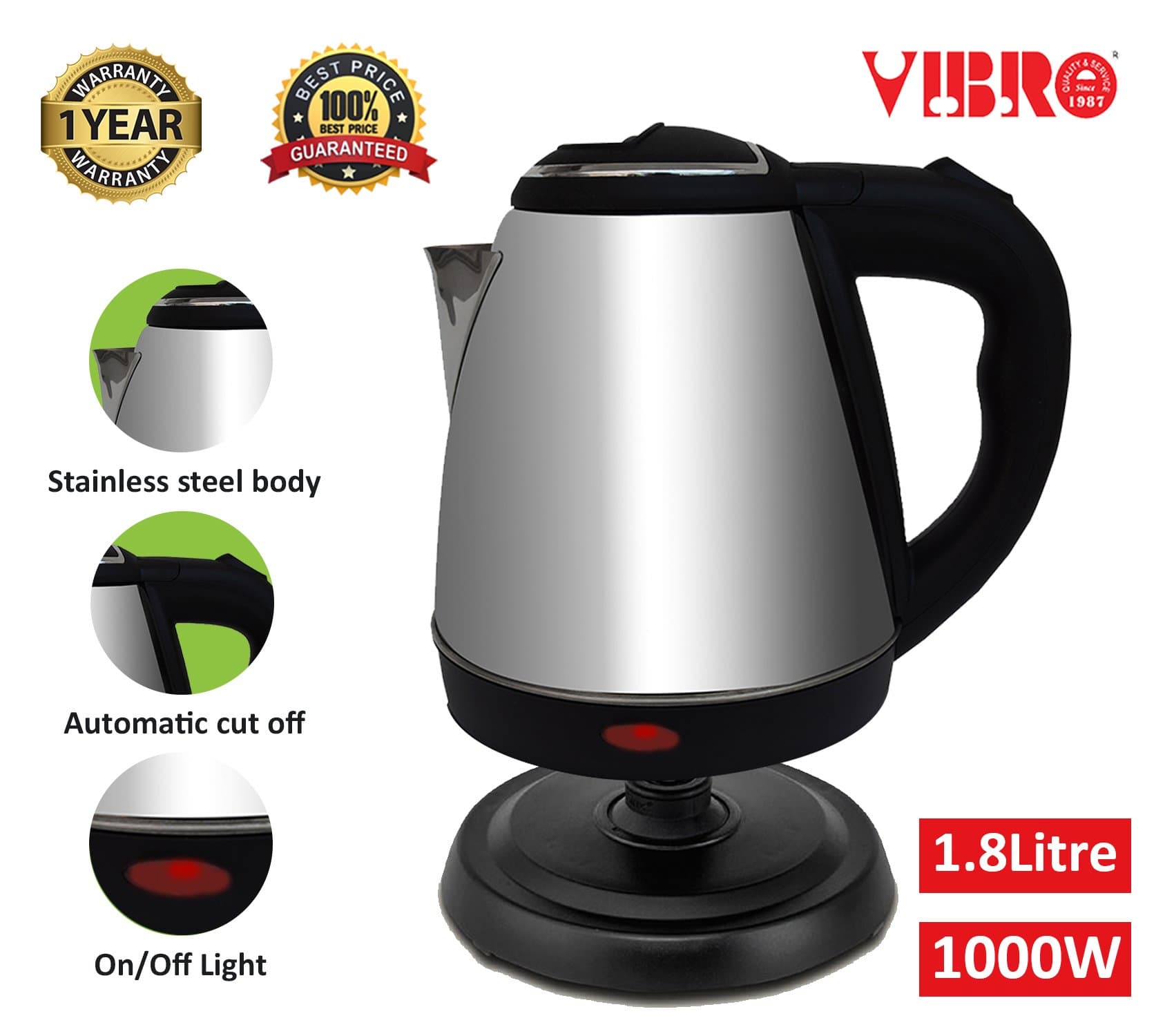 Vibro Multi-Purpose Automatic Stainless Steel Electric Kettle for Home & Office,1.8 Litre (1000 Watt)