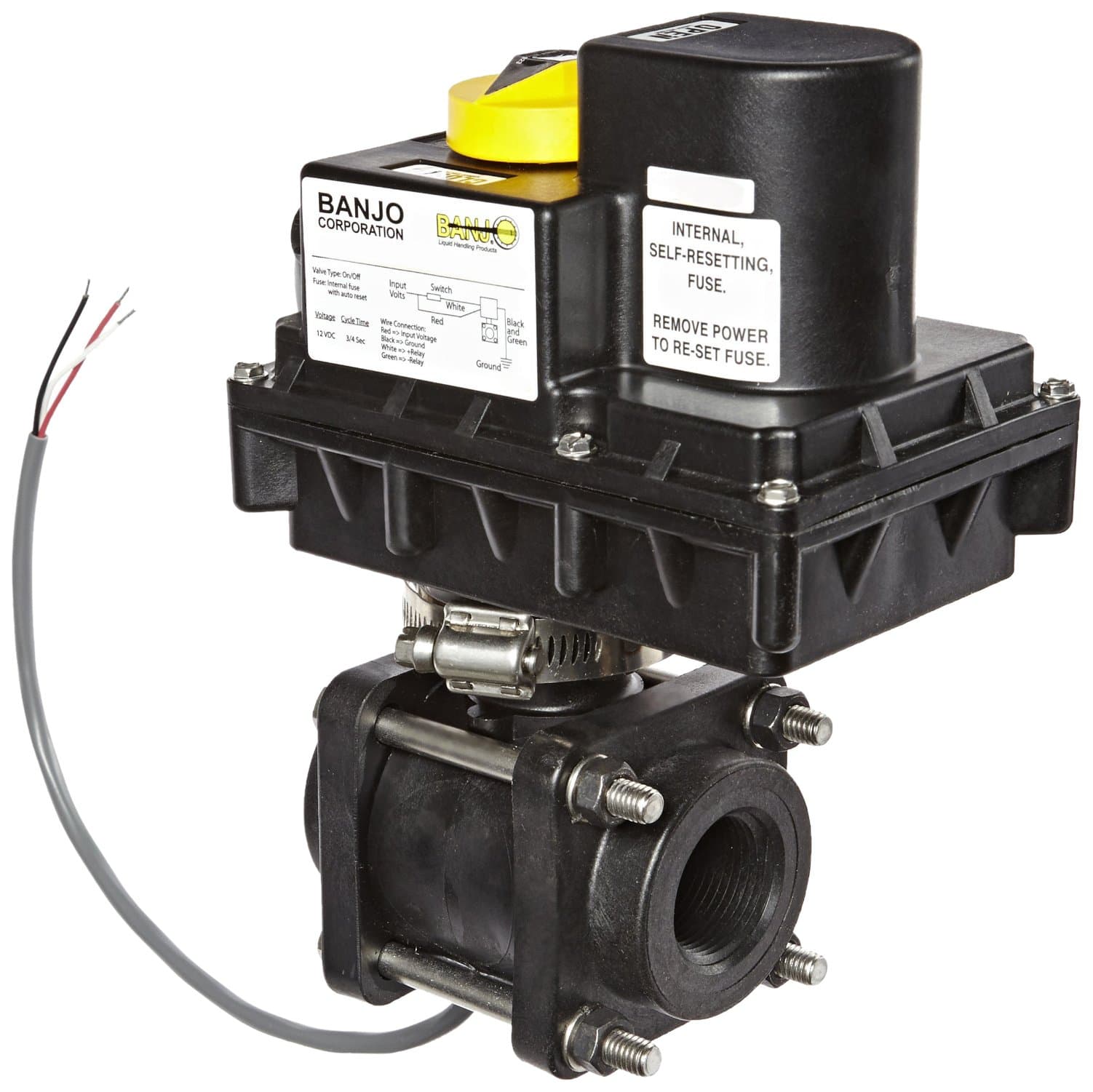 Banjo EV075 Polypropylene Electronic Actuated Ball Valve, 12VDC, Full Port, 3/4" NPT Female