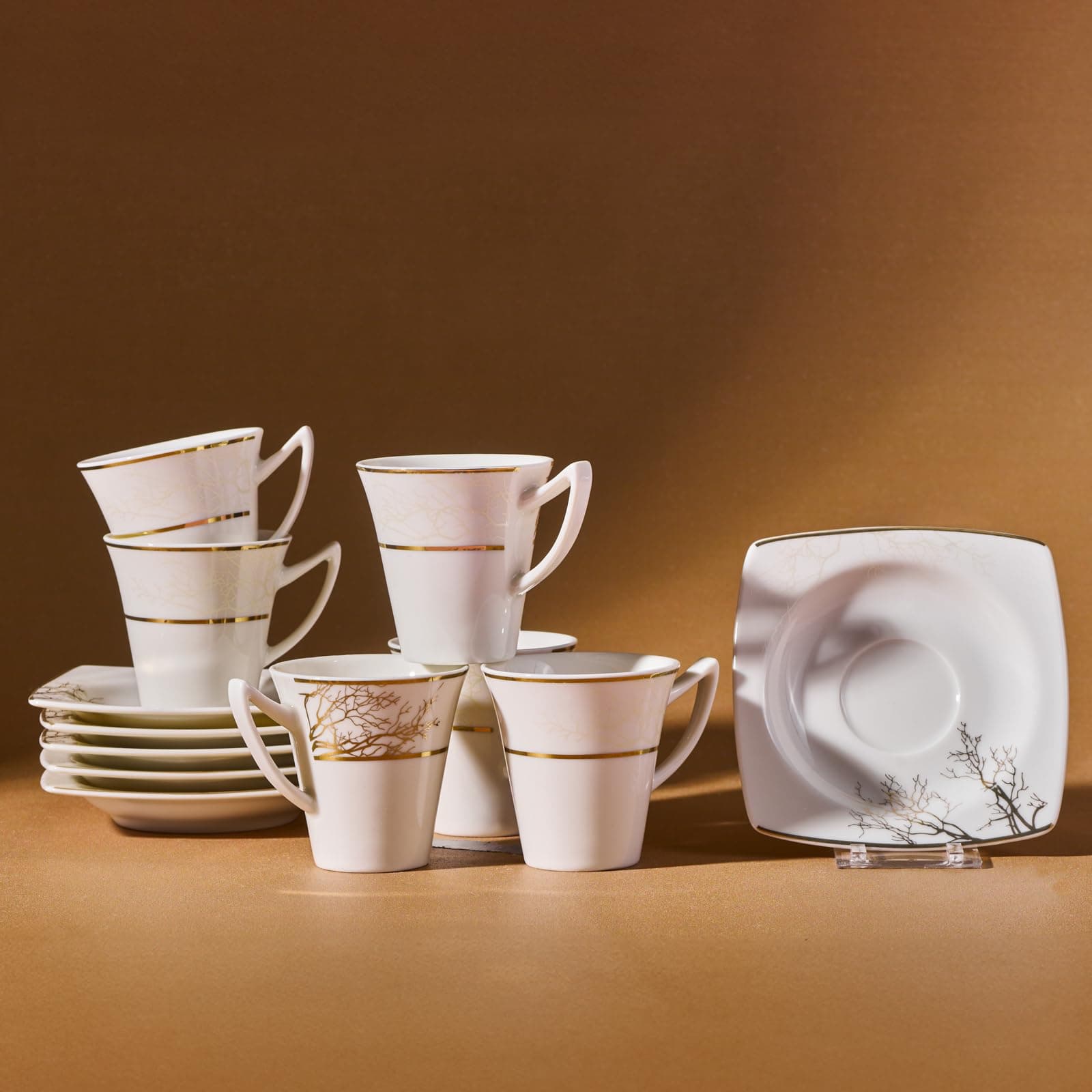 KARACA Autumn Coffee Cup Set of 6, 3 oz Small Espresso Cups with Saucers, Porcelain Robust Mocha Cup, Thick Drinking Rim, Ideal for Serving Greek, Arabic Coffee