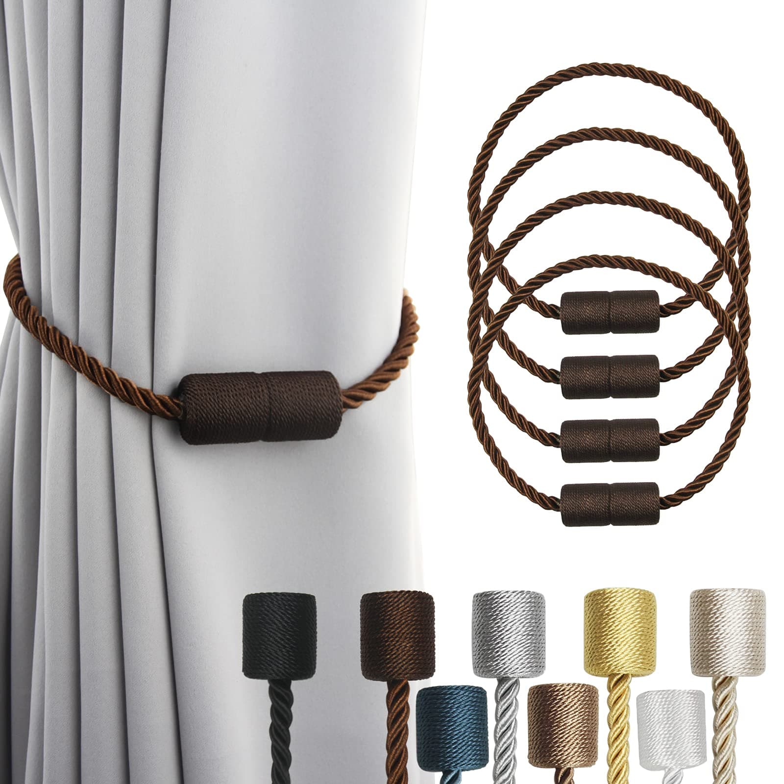 4 Pack Strong Magnetic Curtain Tiebacks Outdoor Elegant Decorative Tie Backs Modern Rope Tiebacks for Drapes Window Curtain Holdbacks for Draperies- Coffee
