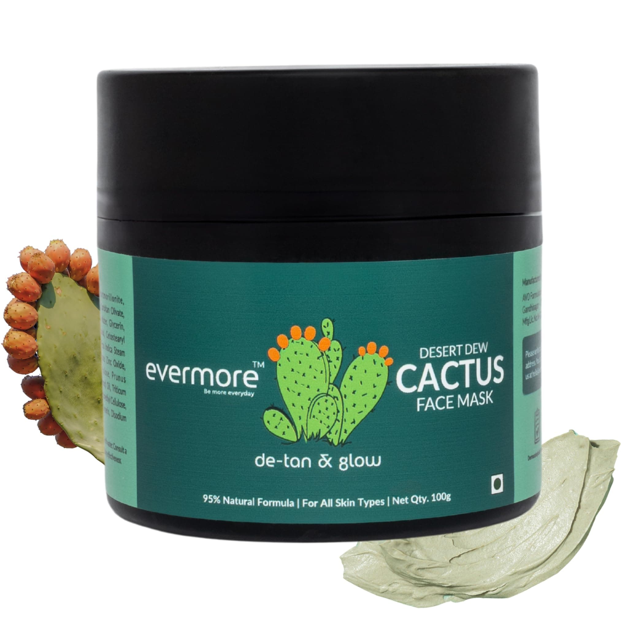 - Evermore Mexican Cactus De-Tan Face Mask for Glowing & Bright Skin | Kaolin Clay, Kojic Acid, Niacinamide | Removes Tan, Deep Cleanses Pores, Controls Oil, Hydrates & Soothes | For All Skin Types | Natural, Vegan | 100g (Pack of 1)