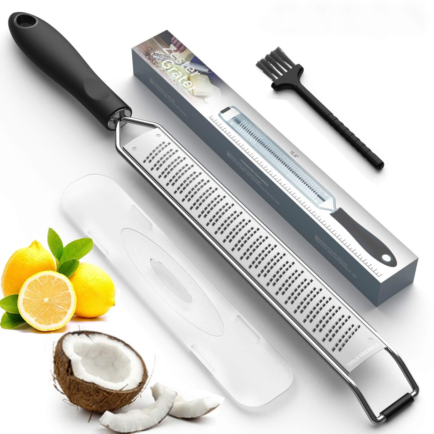 Lemon Zester & Cheese Grater Stainless Sharp, Kitchen Tool for Ginger, Garlic, Nutmeg, Chocolate, Vegetables, Fruits - Protect Cover & Free Clean Brush, Dishwasher Safe, Black