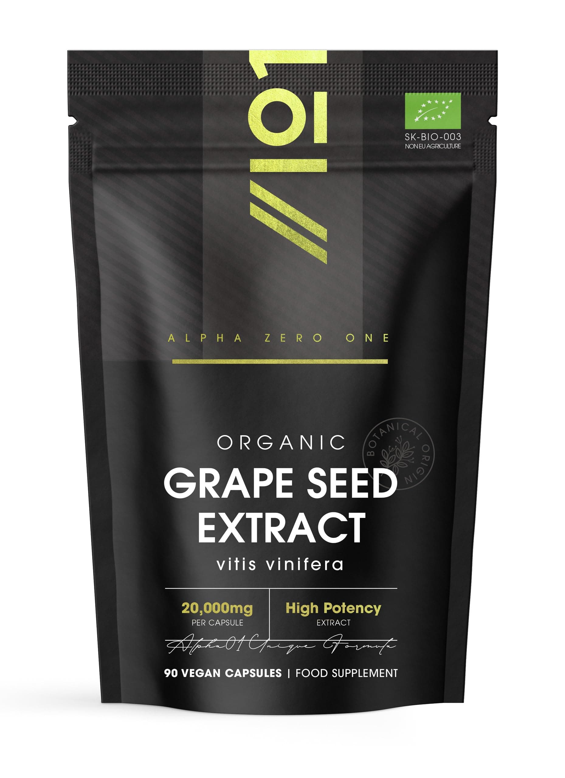 Organic Grapeseed Extract 20,000mg - High Strength 50:1 Extract - 90 Vegan Capsules (3 Months Supply) - Resealable and Recyclable Pouch - By Alpha01