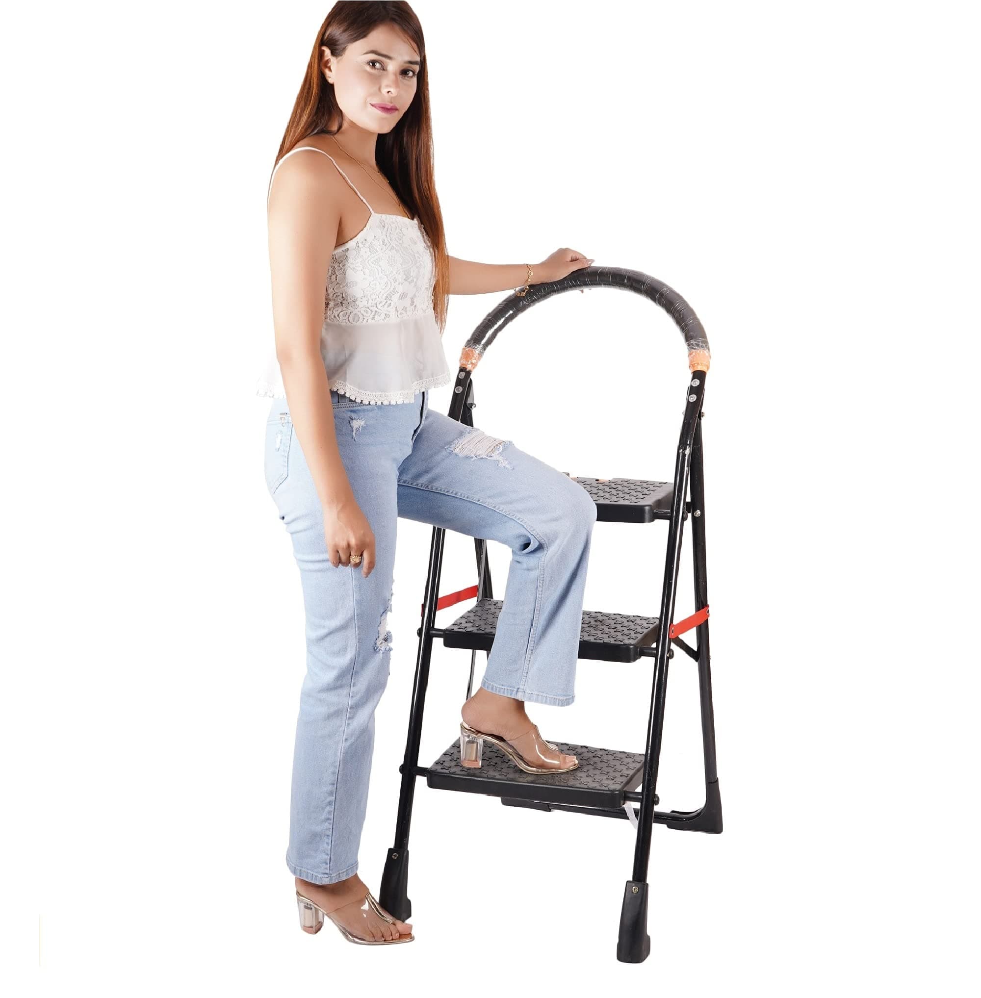 Homace Strong Heavy Duty Foldable Durable Metal Wide 3 Step Ladder for Home Anti Non Skid Indoor Outdoor Use Smart Plateform 3 Year Warranty (3 Steps, Color - Black)