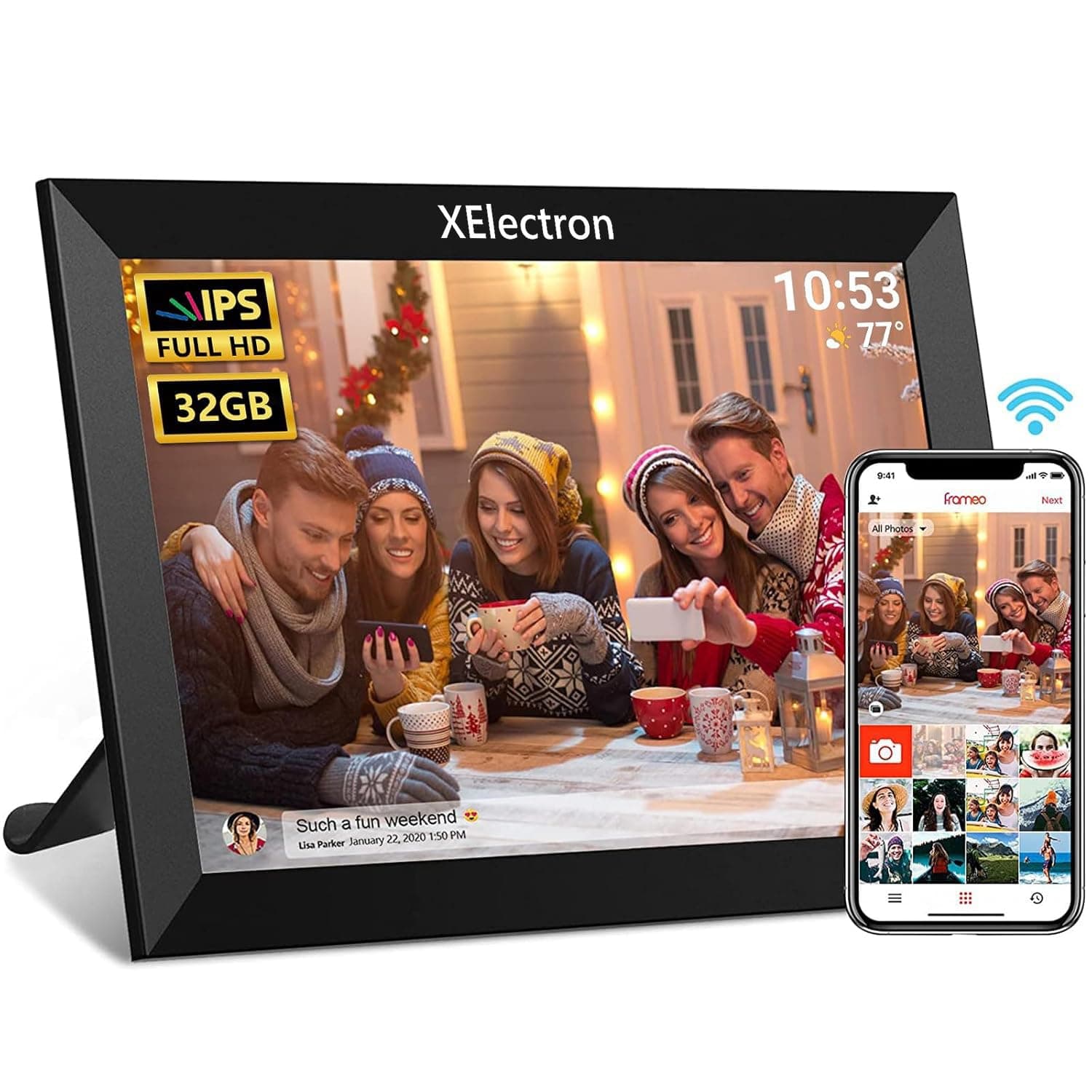 XElectron 10.1 inch WiFi Digital Photo Frame with Slideshow, Video & Sound HD IPS Touch Screen, Smart Cloud Picture Frame with 32GB Internal Memory, Easy to Share via Frameo App Auto-Rotate