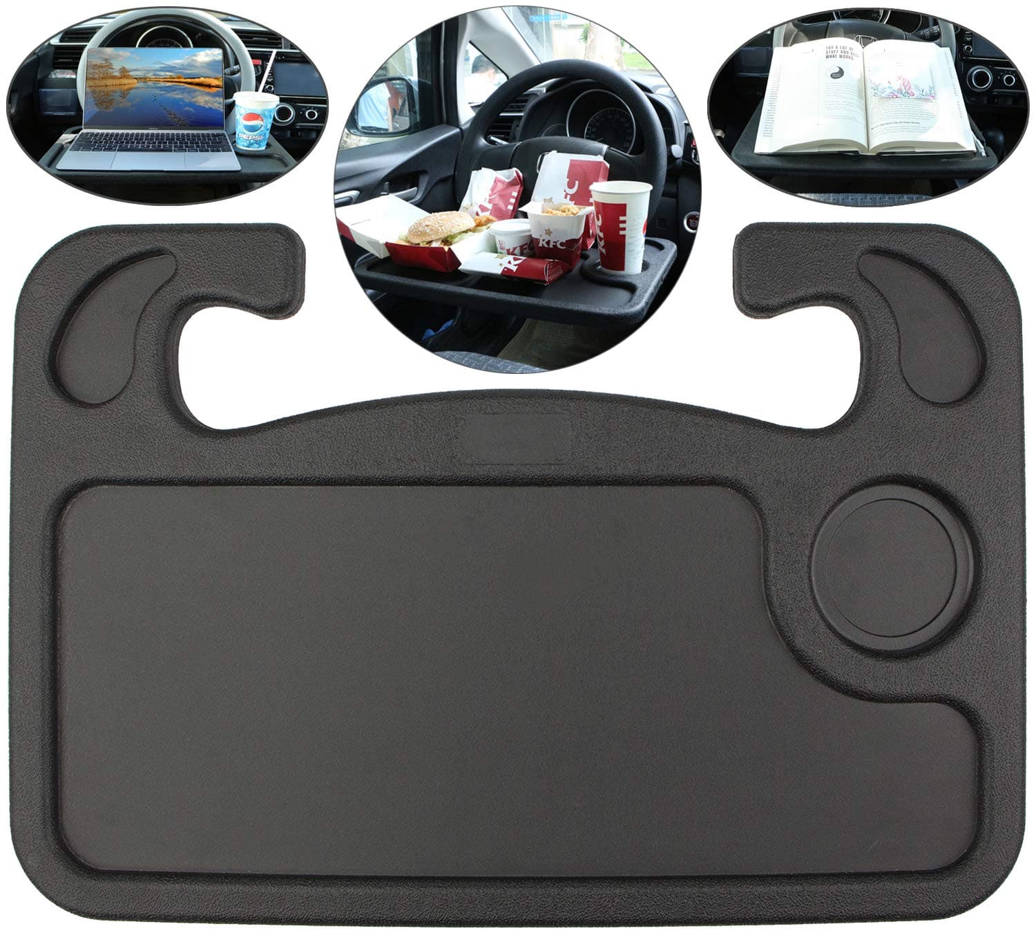 Spurtar Steering Wheel Tray (2in1) Auto Steering Wheel Desk for Computer, Food, Snack, Lunch, Drinking, Car Laptop Desk/Eating Table - Universal Fit, Black