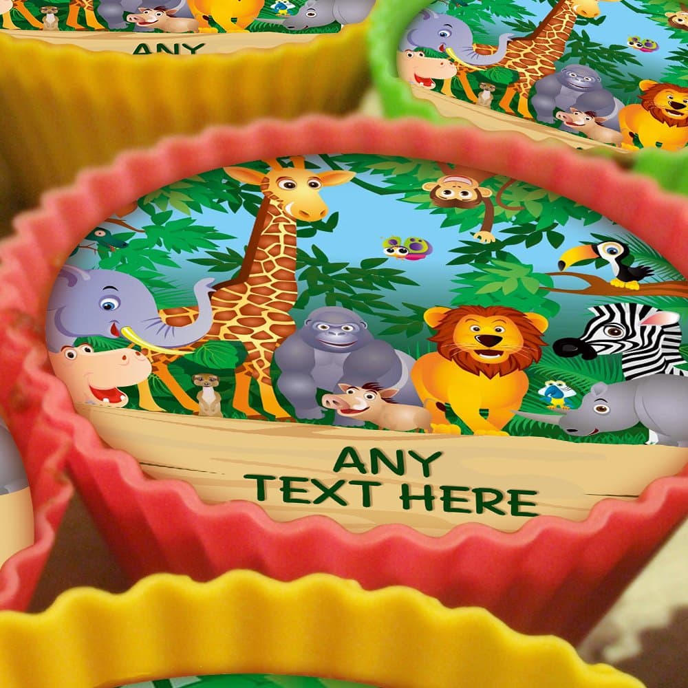 20 x Personalised 5cm Jungle Animals Cupcake Toppers on Icing Sheet - Any Text!