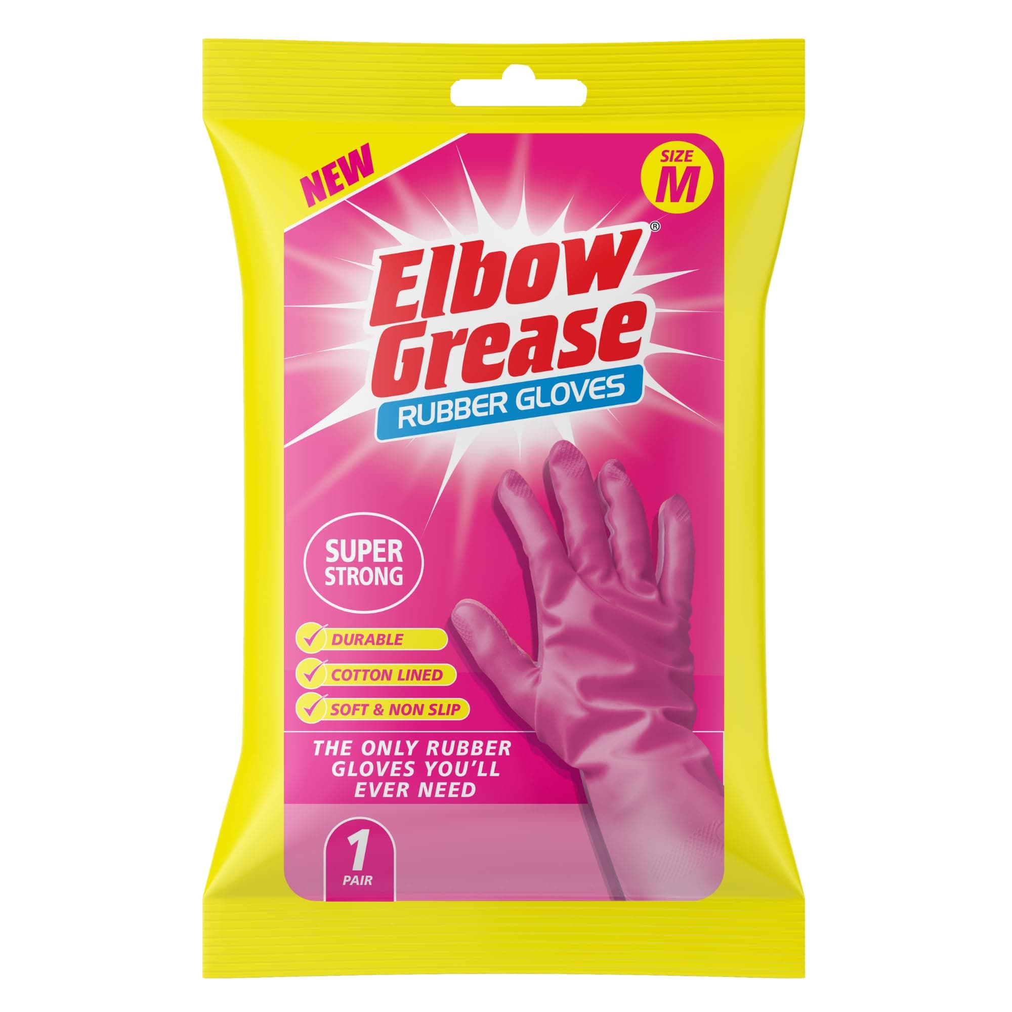Elbow Grease Pink Rubber Gloves | Super Strong, Cotton Lined, Non-Slip Household Gloves (Medium - 1 Pack)