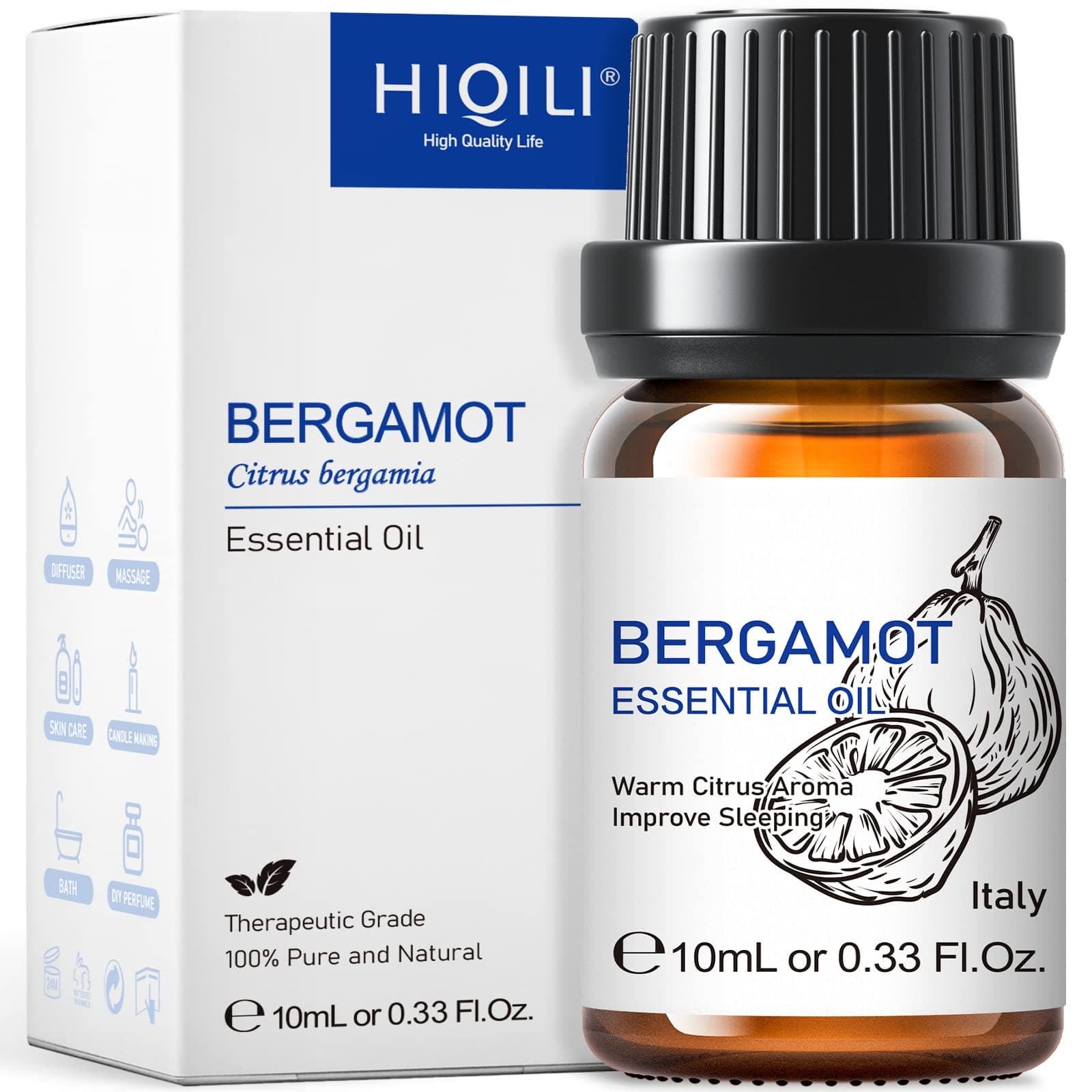 Bergamot Essential Oil for Diffuser, Skin, Hair, DIY, 100% Pure & Natural, Travel Size - 0.33 Fl Oz (10 mL)