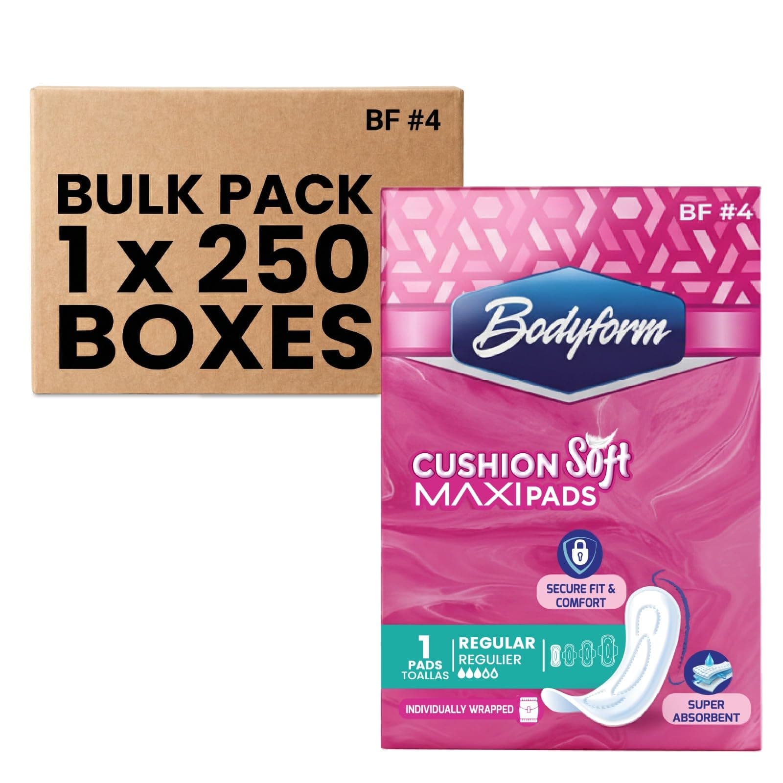 Bodyform Maxi - # 4 Premium Maxi Pads, Bulk Buy 250 Counts/Case Individually Boxed and Wrapped Always Comfortable and Ultra-Absorbent
