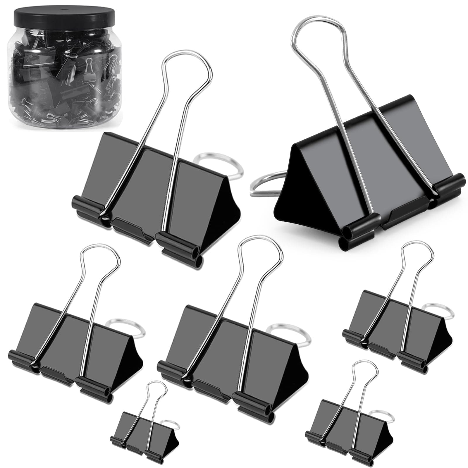 Ufmarine Binder Clips Paper Clips Assorted Sizes 200 Count (Black), Metal Paper Binder Clips with Box for Office, School and Home