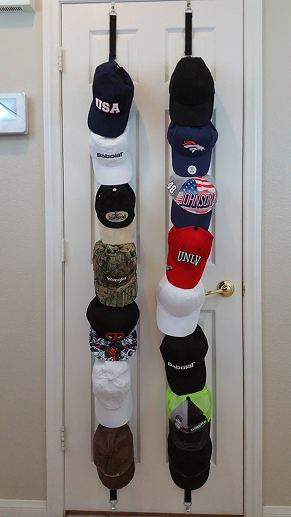 Baseball Cap Rack Storage. Two Racks Allows For Use In Two Different Rooms Excellent Ball Cap Rack Storage Holder Organizer Hats Shelf Cap Holder.(Both Loaded with Black andRed)